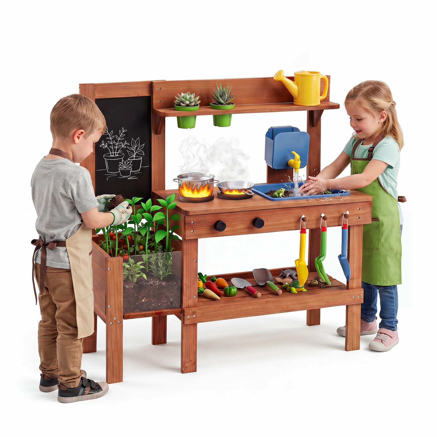 LJG Kids Mud Kitchen with Planter Box and Sink and 13 Accessories for Ages 3+