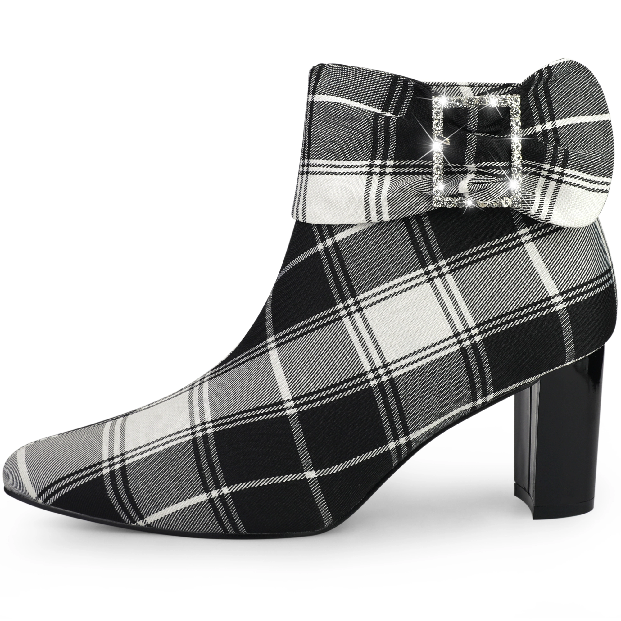 BLISSFUL STEP Women's Pointy Toe Rhinestone Bow Plaid Chunky Heel Ankle Boots