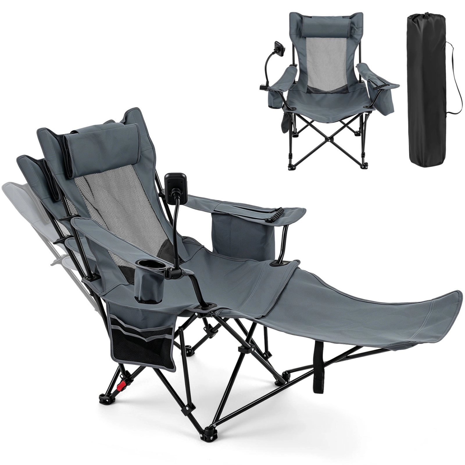 SUGIFT 2-in-1 Reclining Camping Chair with 3-Level Adjustable Backrest 330-lb Capacity Green Black Gray