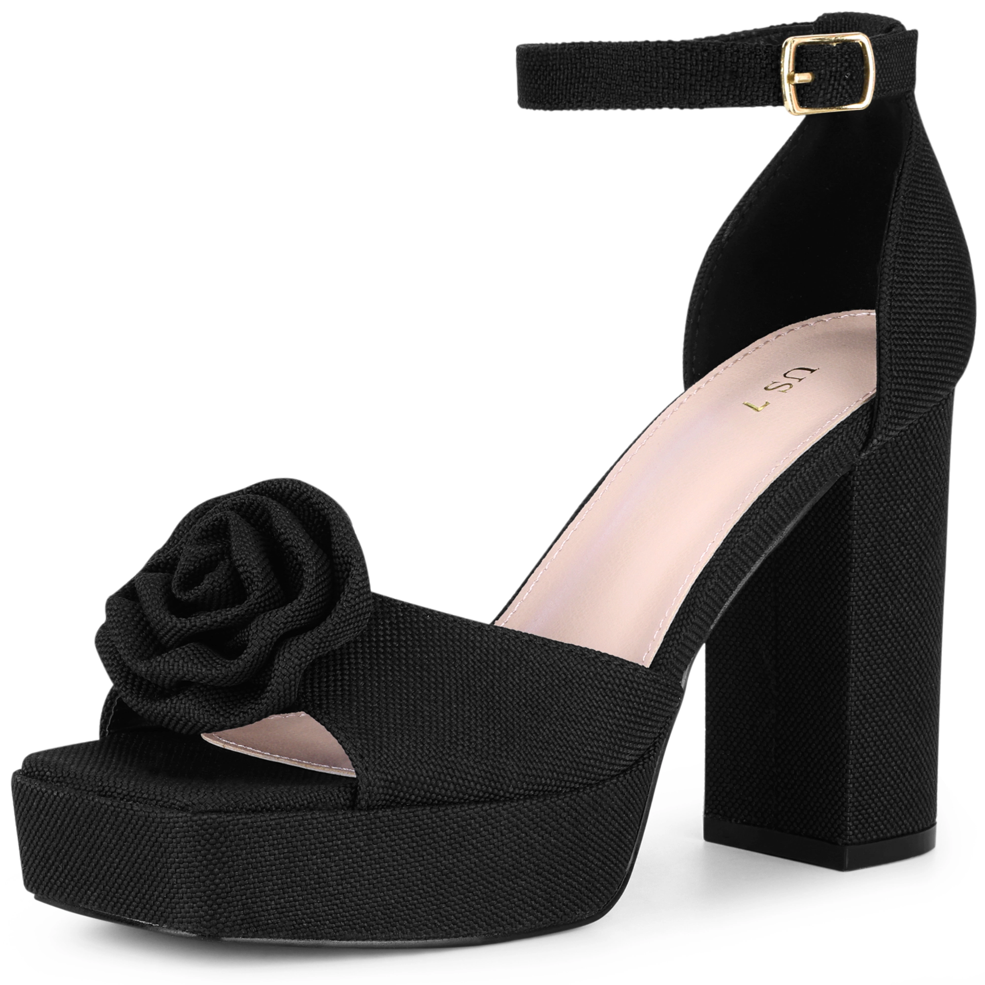 BLISSFUL STEP Women's Square Toe Chunky Heel Platform Flower Sandals