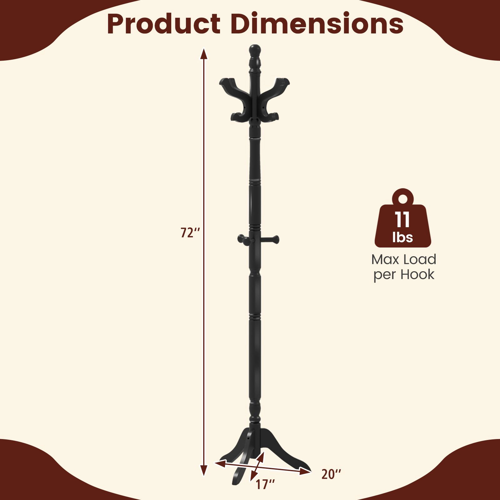 SlickBlue Freestanding Coat Rack Solid Wood Hall Tree with Adjustable Height