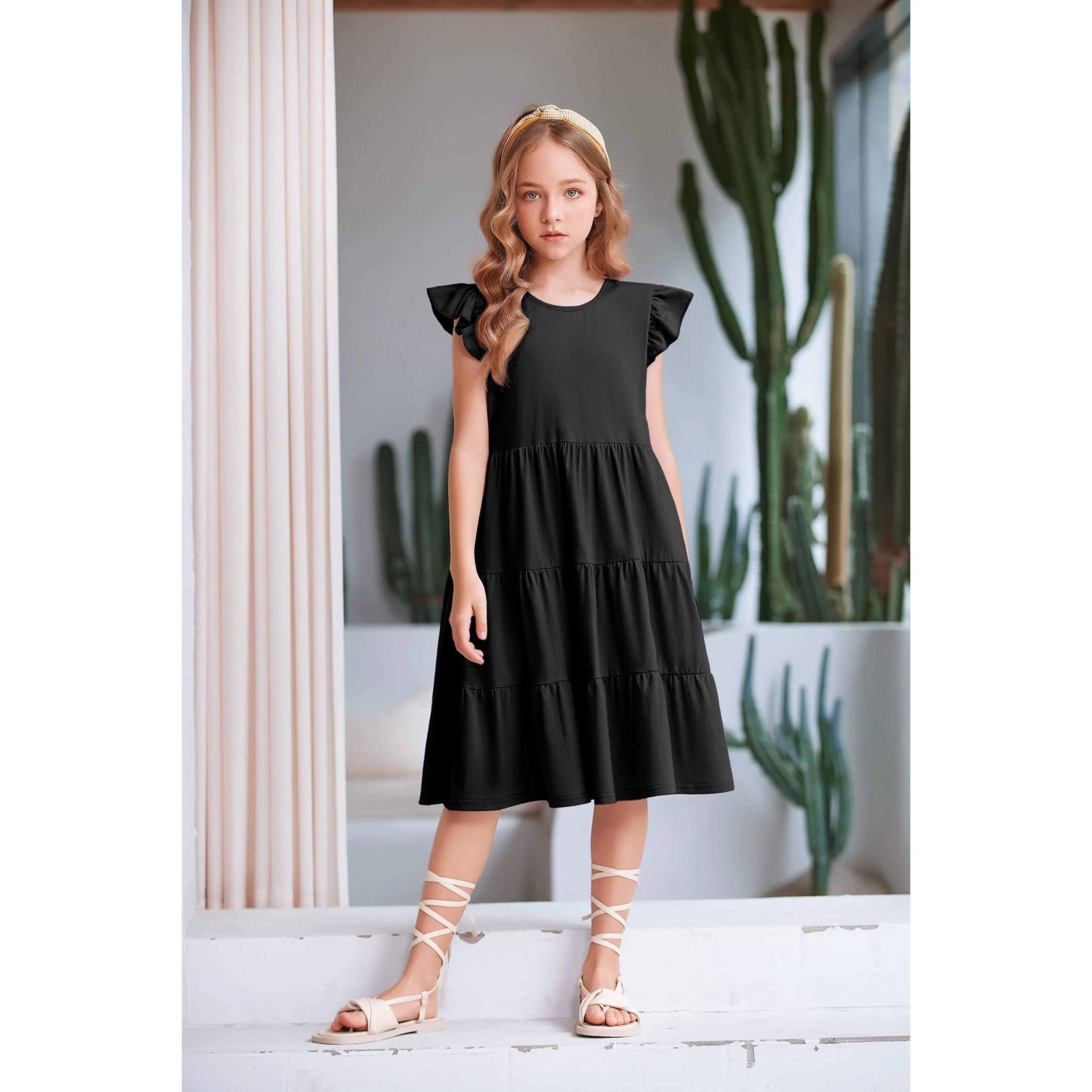 Arshiner Girl Summer Dresses Ruffle Sleeve Tiered Swing Midi Casual Sundress With Pockets Tween