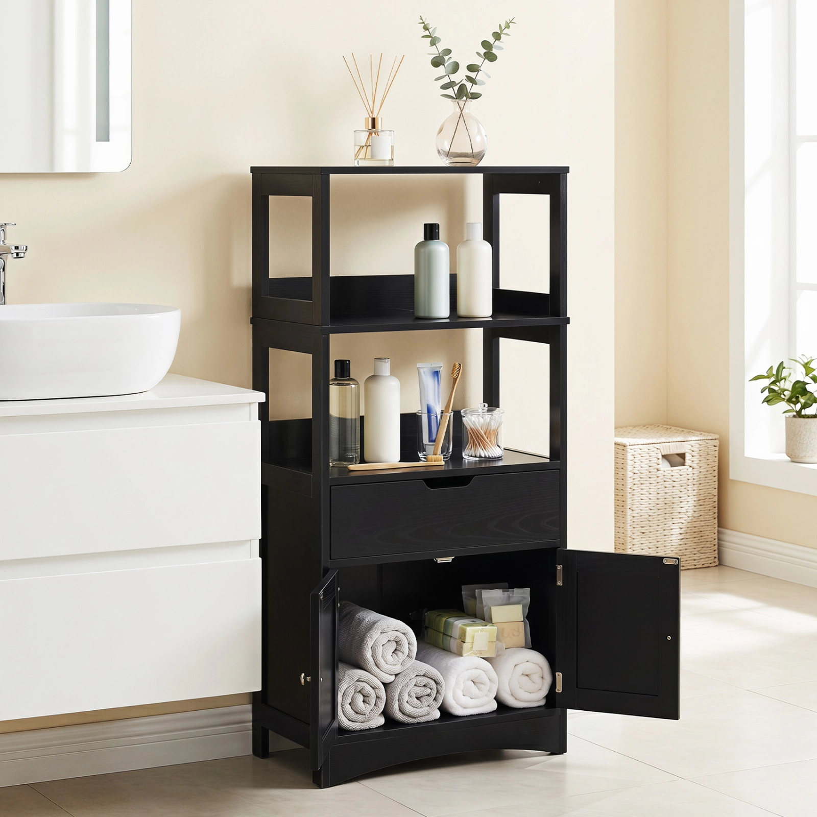 SUGIFT Black 110-lb Capacity 48-in Bathroom Storage Cabinet with 3 Open Shelves Pull-Out Drawer and 2 Doors