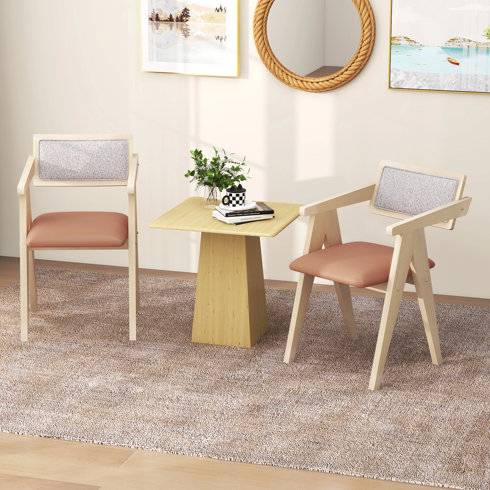SUGIFT Mid-Century Accent Chairs, Set of 2, Beige Sherpa and Leathaire Armchairs