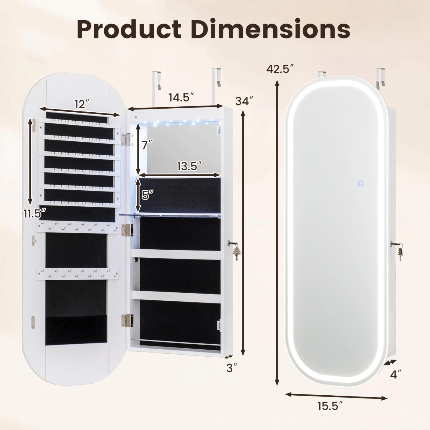 LJG Wall and Door Mounted Mirror Jewelry Cabinet with