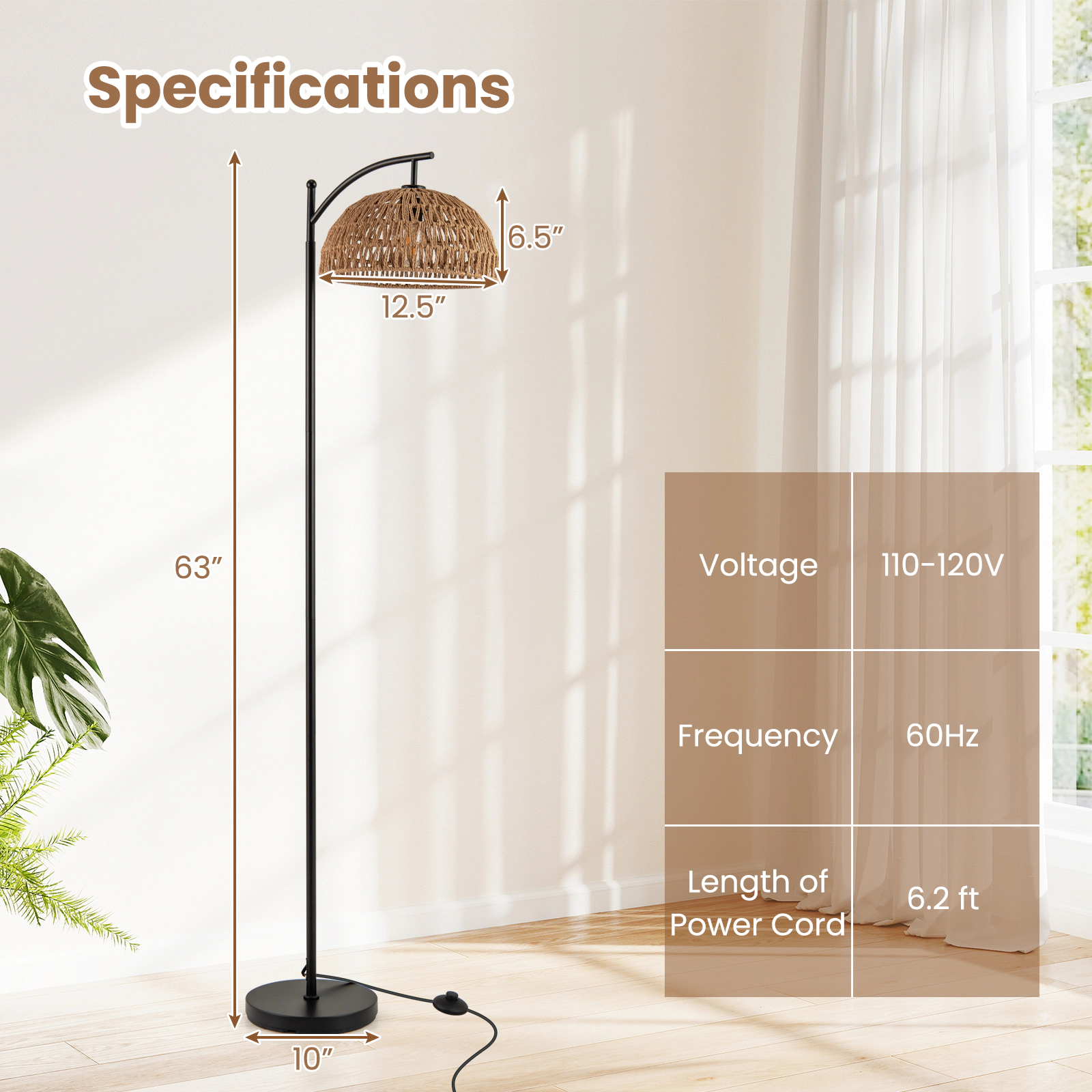 Slickblue Black Arc Floor Lamp 63in E26 Socket Paper Rope Shade Living Room Sofa Light