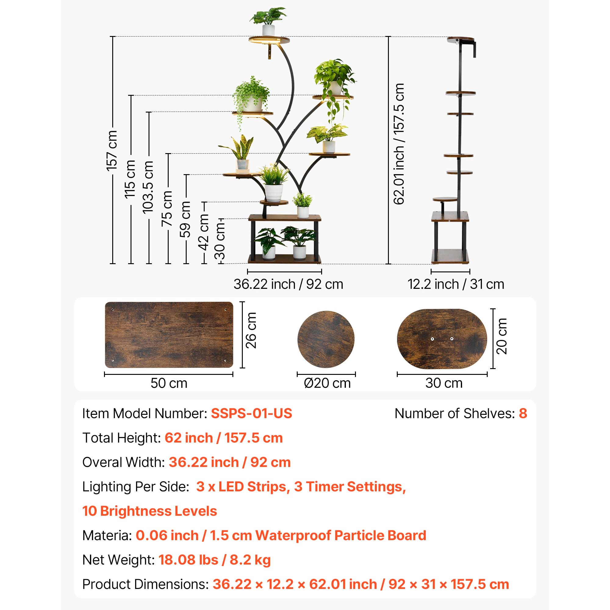 HONGGE Plant Stand Indoor with Grow Lights, Tall Lighted Plant Shelf, Metal Corner Plants Holder
