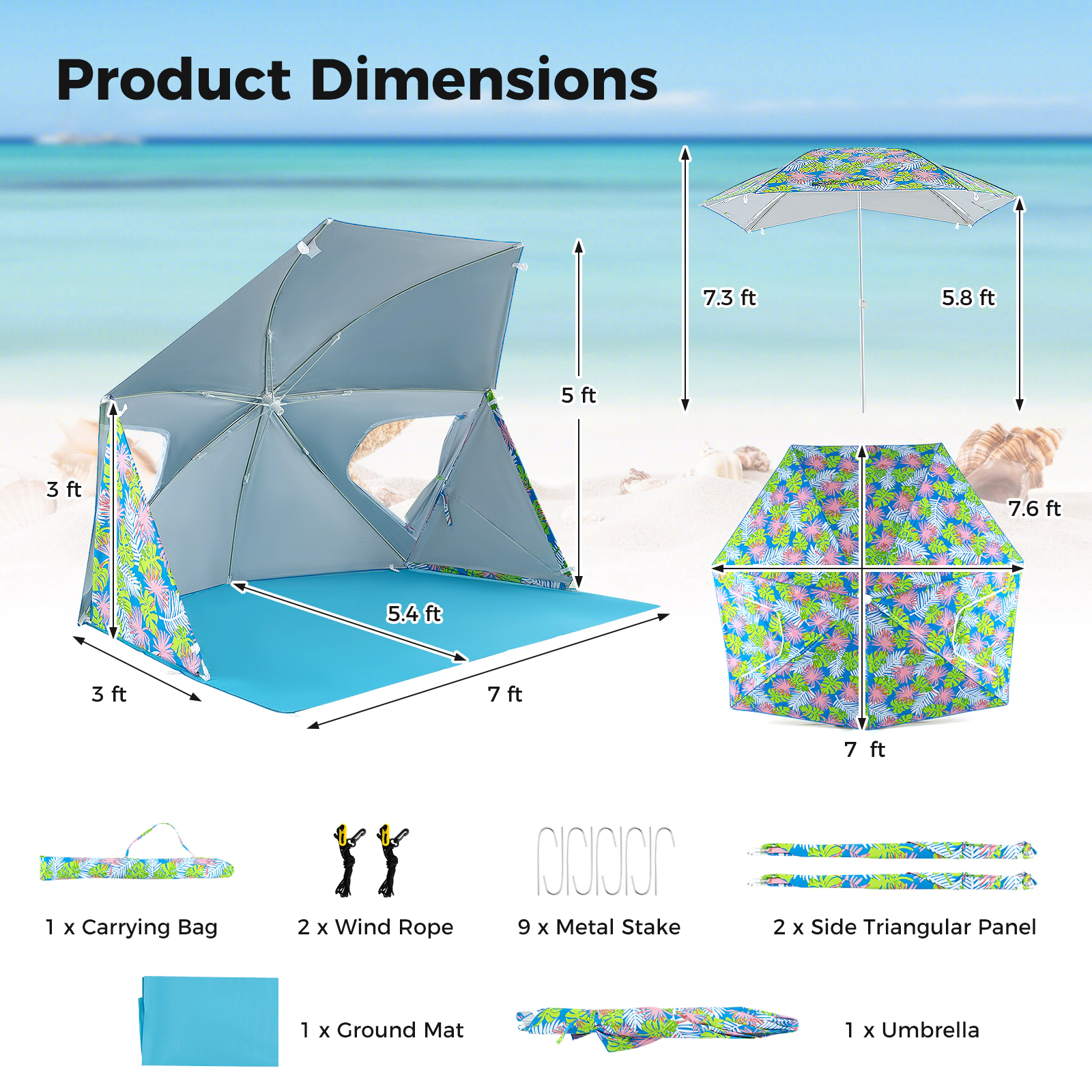 SUGIFT UPF50+ Sun Protection 2-in-1 Beach Umbrella Tent with Portable Carrying Bag Blue