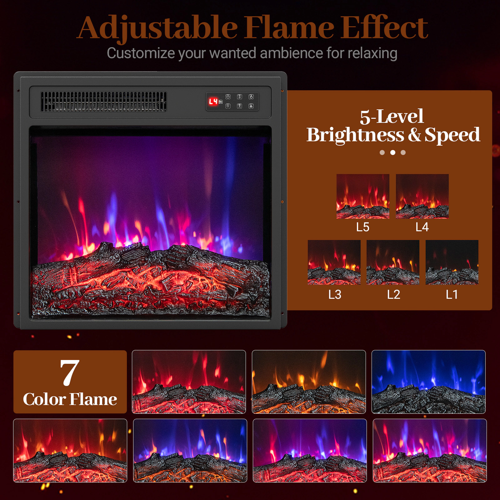 SUGIFT 18-Inch Recessed Electric Fireplace Insert, 5,100 BTU, 7 Flame Colors, Child Lock and Remote