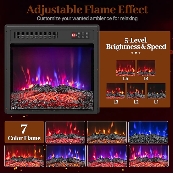 SUGIFT 18-Inch Recessed Electric Fireplace Insert, 5,100 BTU, 7 Flame Colors, Child Lock and Remote