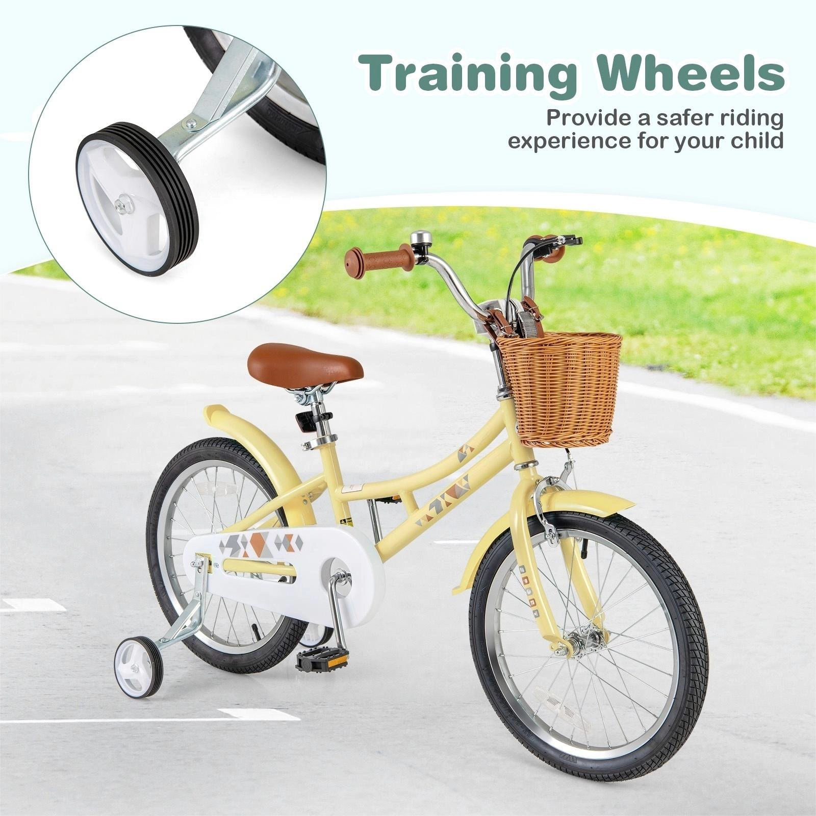 SUGIFT Height Adjustable Kids Bicycle with Training Wheels Basket and Bell 132-lb Seat Capacity Ages 4-8 Years Yellow