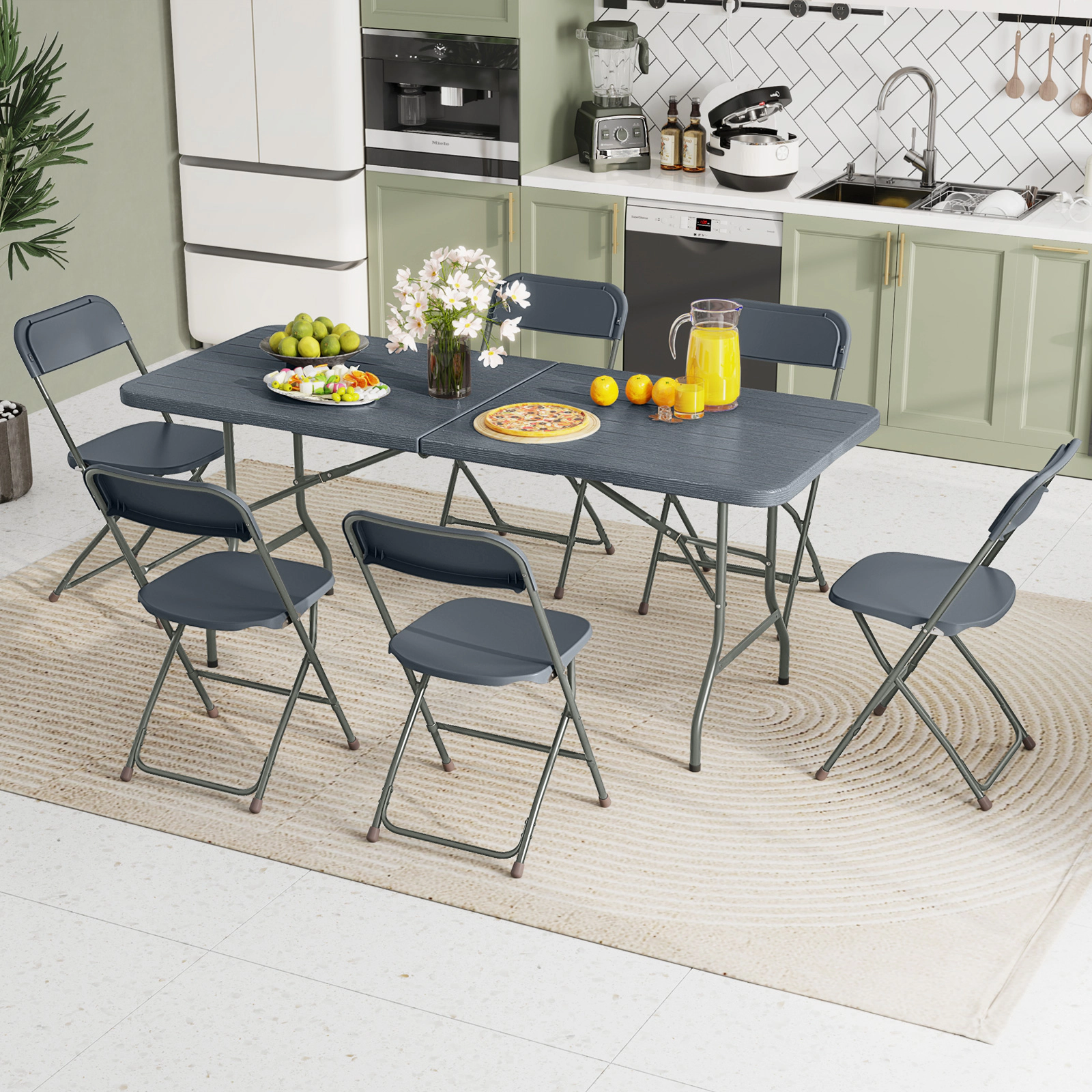 SUGIFT 6-Ft Wood Grain HDPE Folding Table with Safe Lock Mechanism 350-lb Capacity 71 x 29 x 29.5 in Brown/Gray