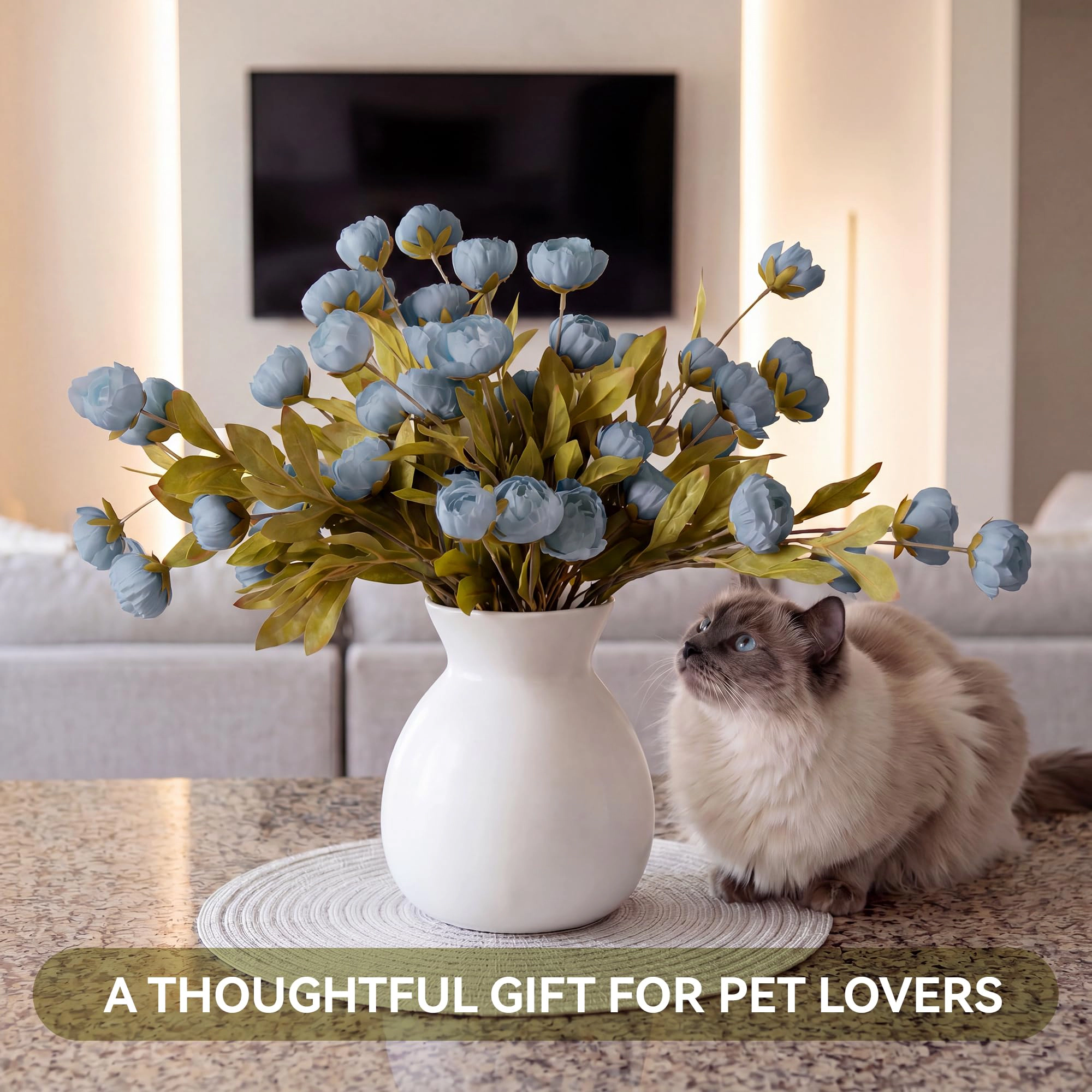 PUPWE 6 Faux Silk Peony Artificial Flowers For Vase Decor Blue