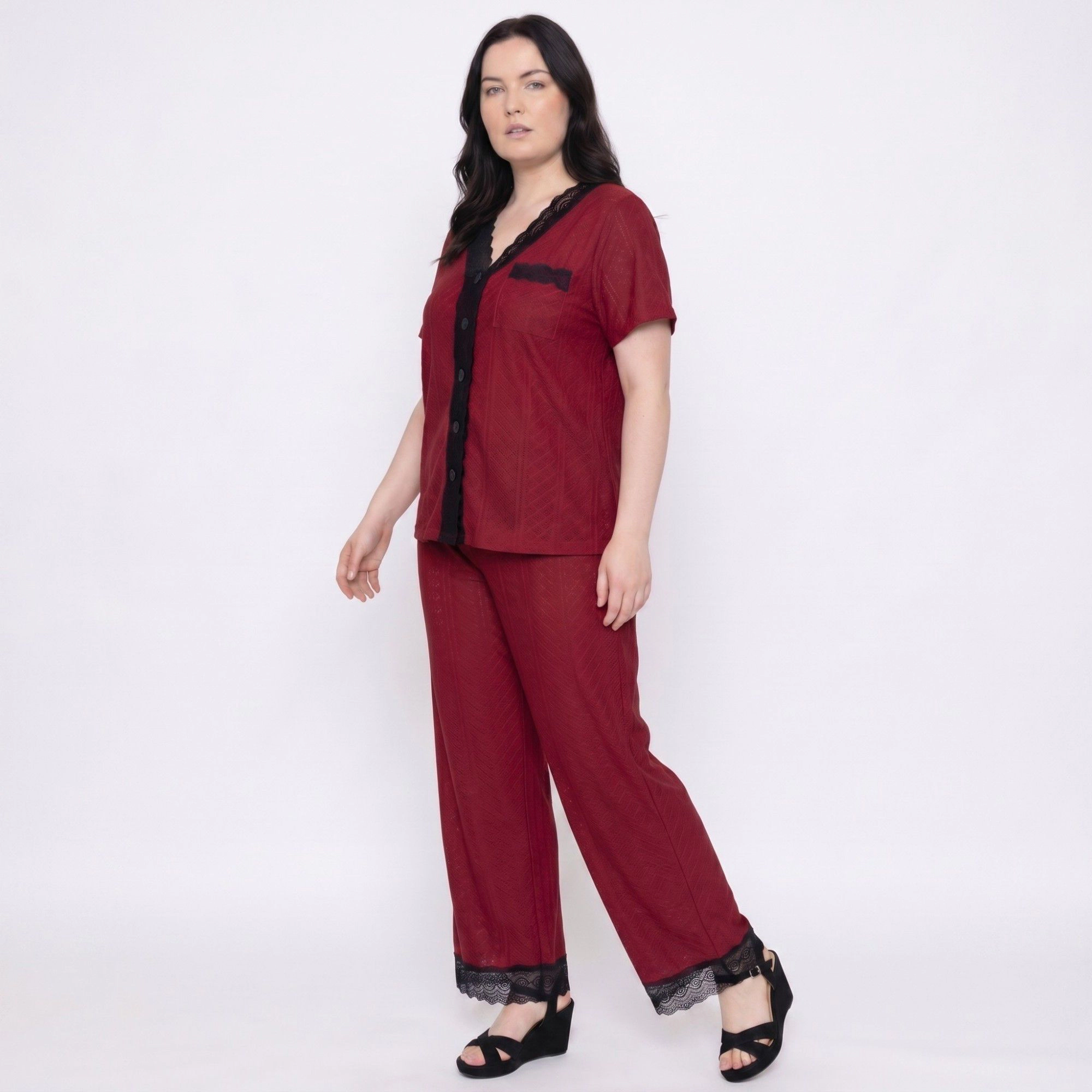 Anna-Kaci Women's Plus 2-Piece Pointelle Button Front Short Sleeve Pajama Top and Pants Set with Lace Trim