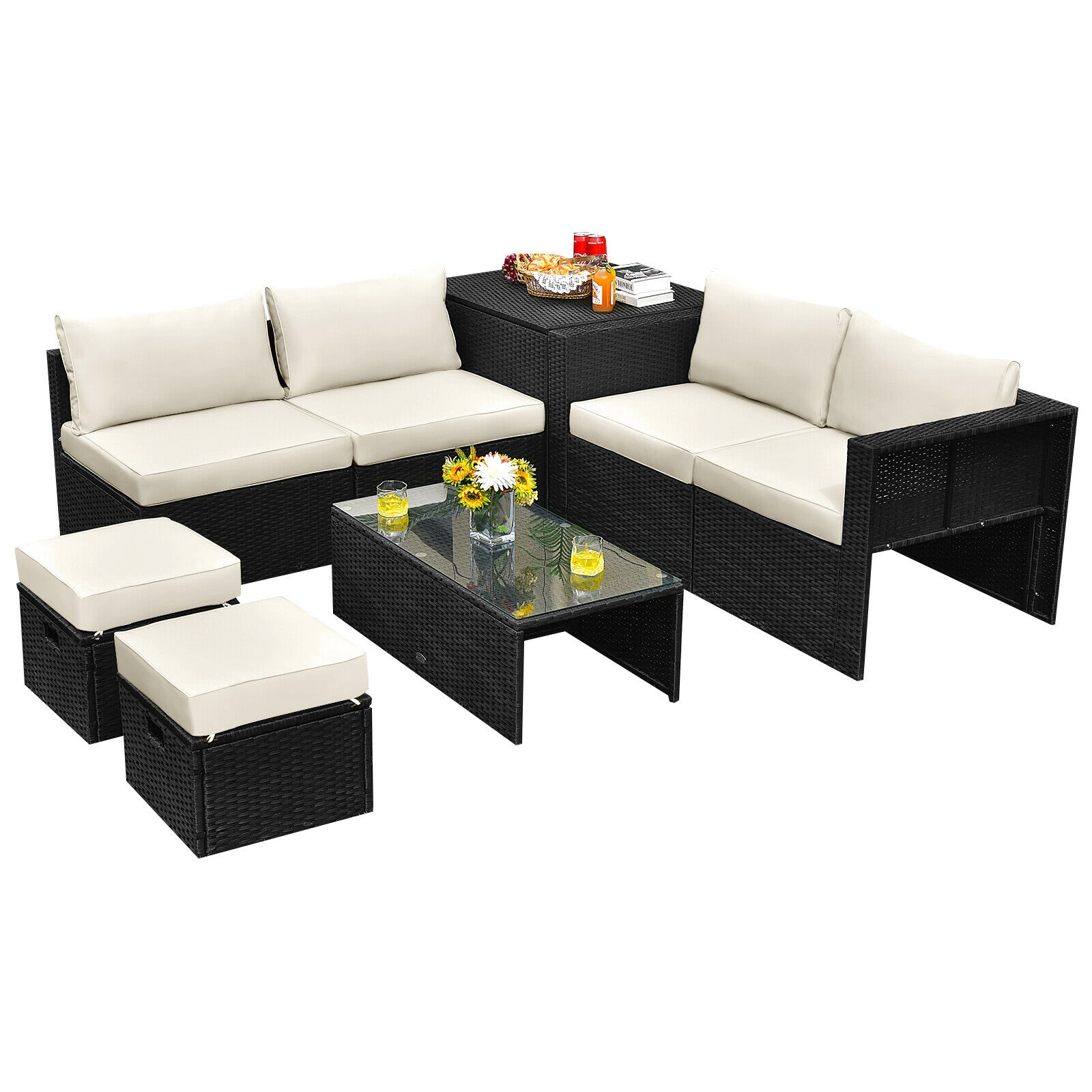 LJG 8 Pieces Patio Rattan Storage Table Furniture Set