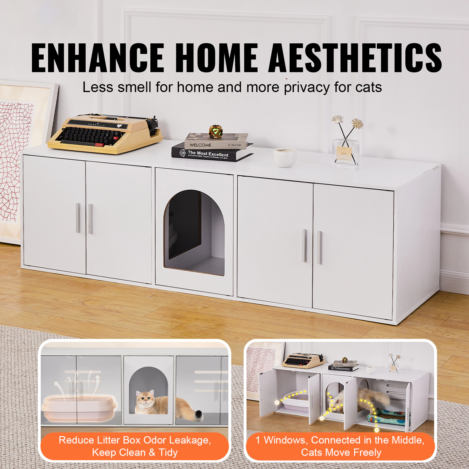 HONGGE Cat Litter Box Enclosure for 2 Cats Litter Box Furniture Hidden with Wooden Cat Box Cabinet Fit Most of Litter