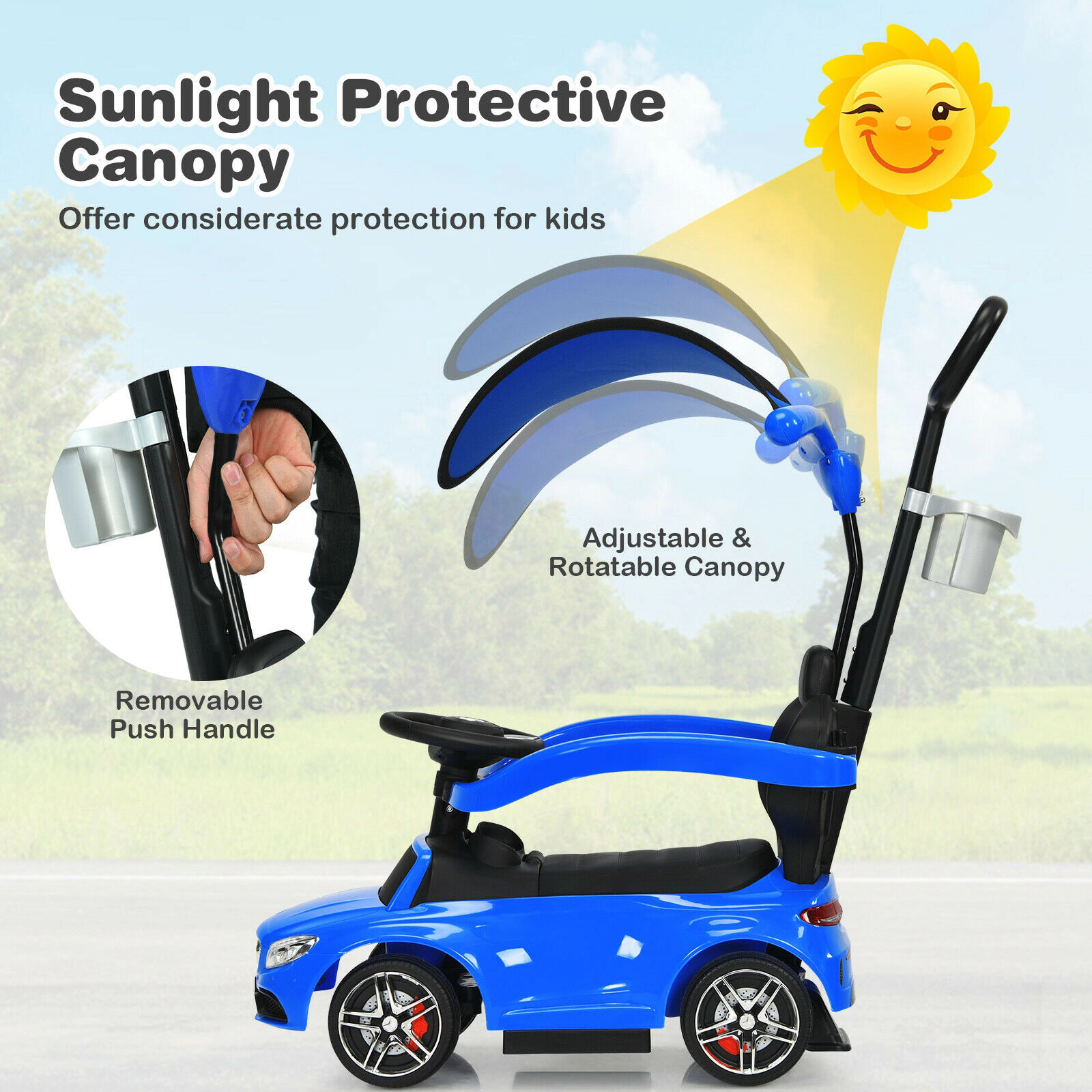 SUGIFT 3-in-1 Ride-On Push Car Mercedes-Benz Sliding Car Canopy 55-lb Capacity Ages 18-36 Months Black Navy Pink