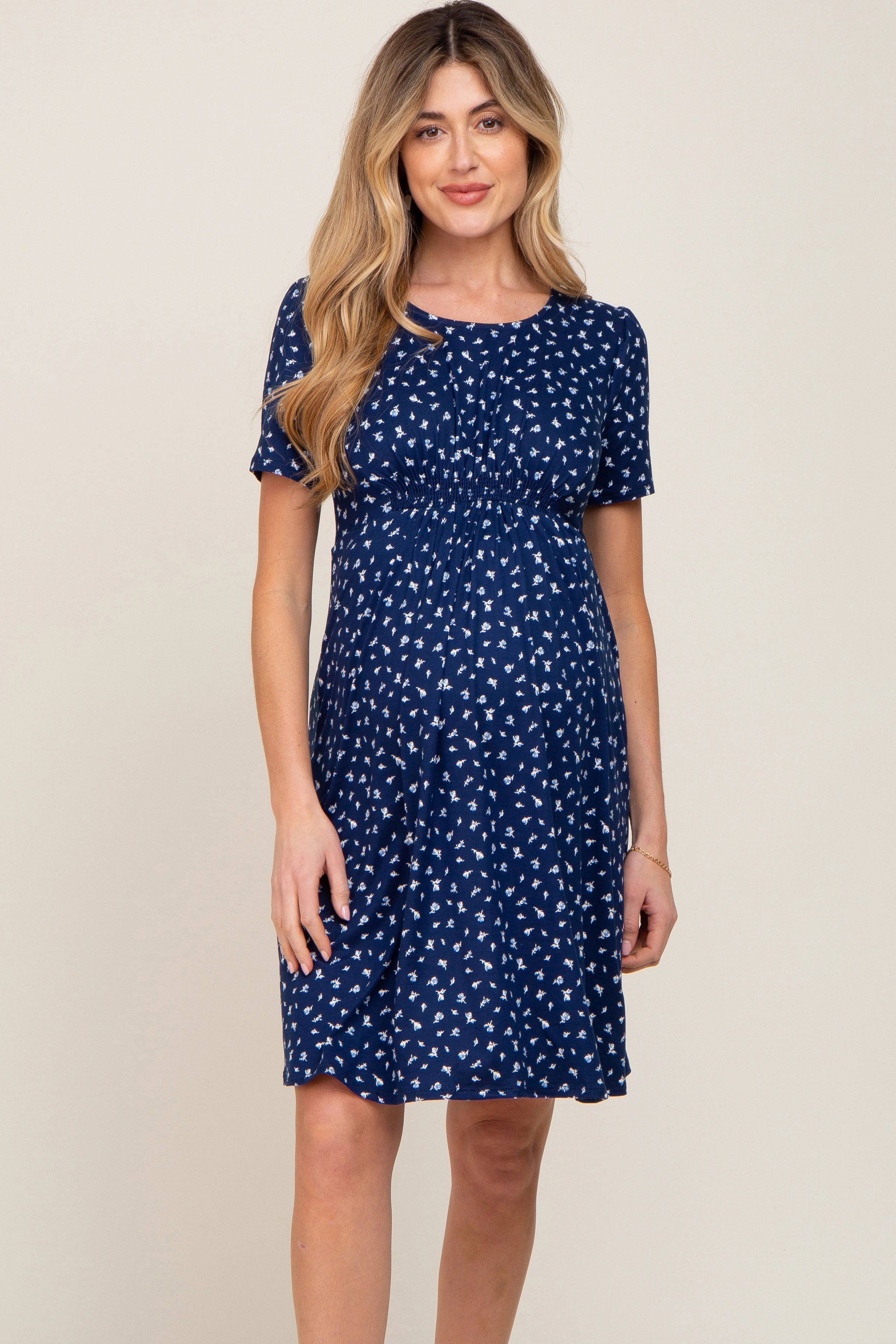 PinkBlush Womens Navy Floral Smocked Short Sleeve Maternity Dress