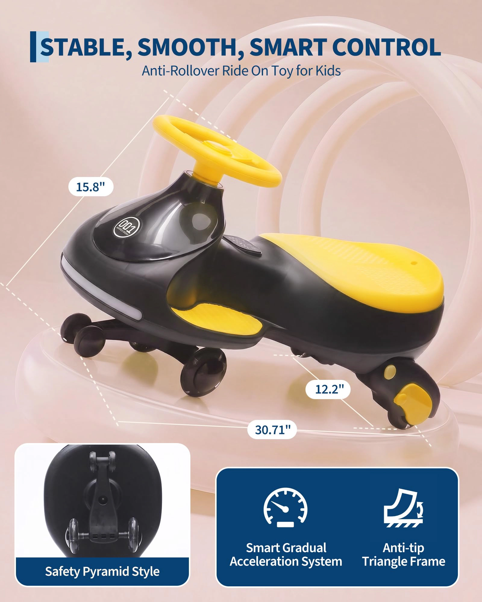 12V Electric Wiggle Car for Kids, 2-in-1 Swing with Pedal, Anti-Rollover, 130Lbs Capacity, Flashing Wheels & Music