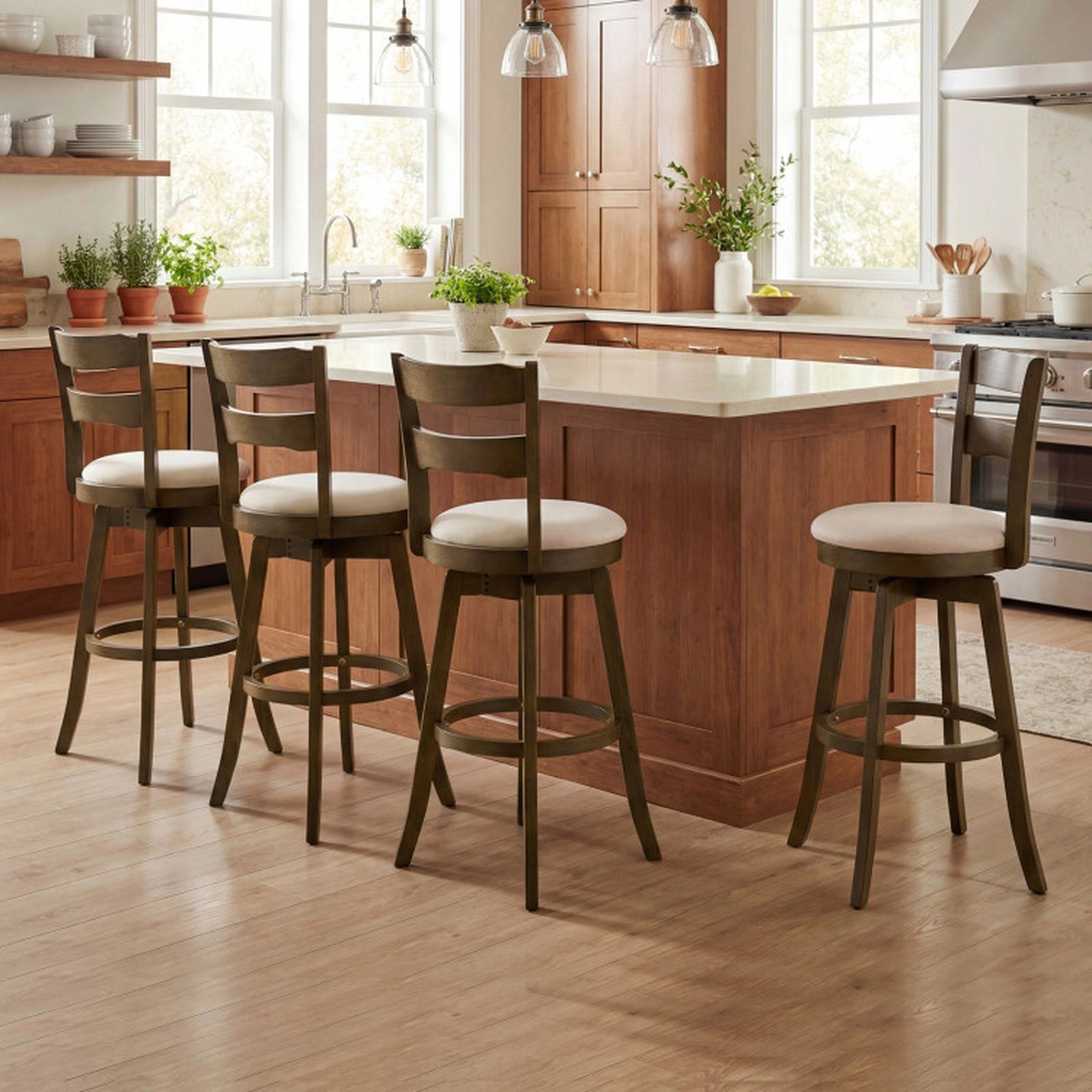 SUGIFT Ash Wood Frame and Upholstered Seat Set of 4 Sand 30.5 in Swivel Bar Stools