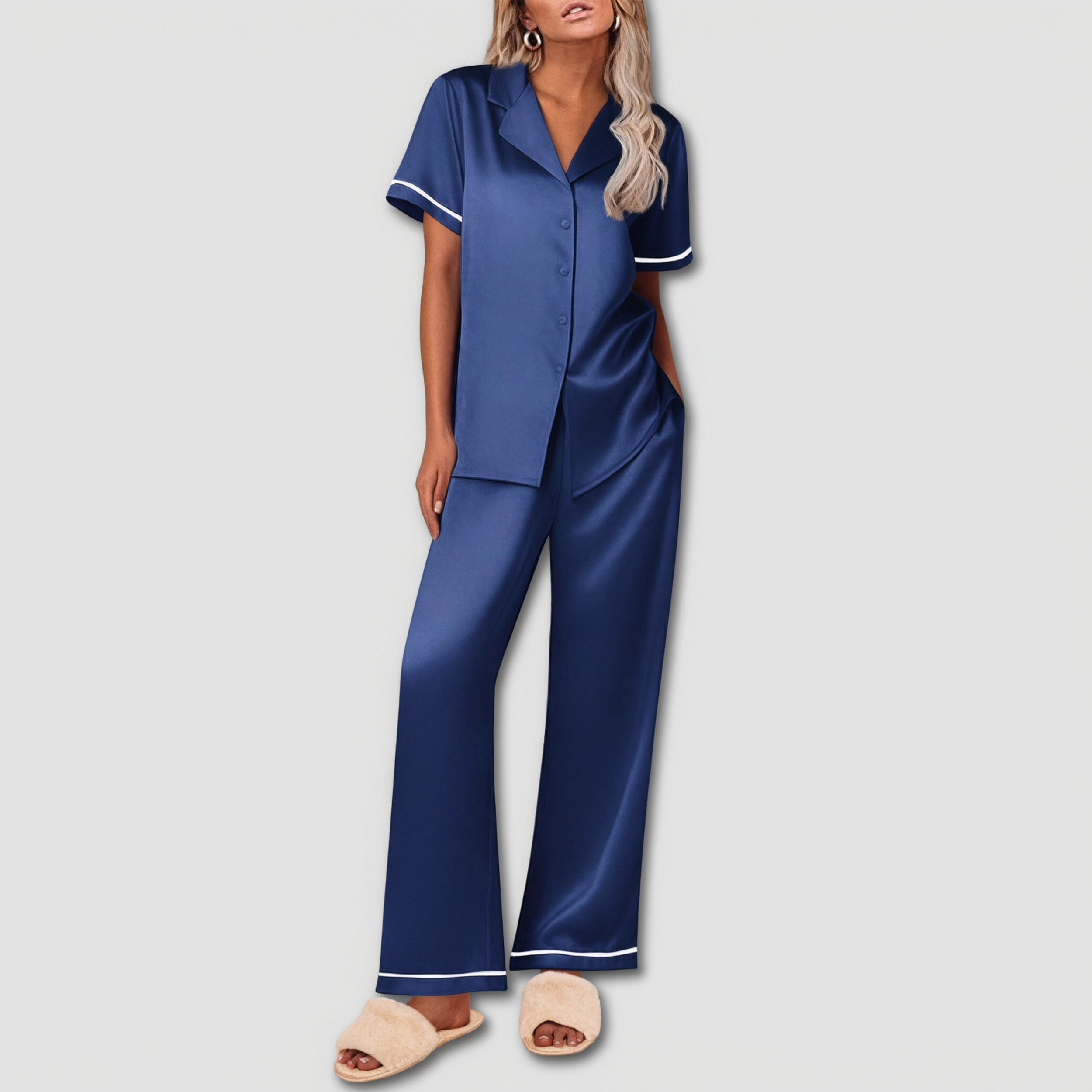 Ekouaer Women's Silk Pajamas Set Short Sleeve Pjs 2 Piece Soft Loungewear with Pants Button
