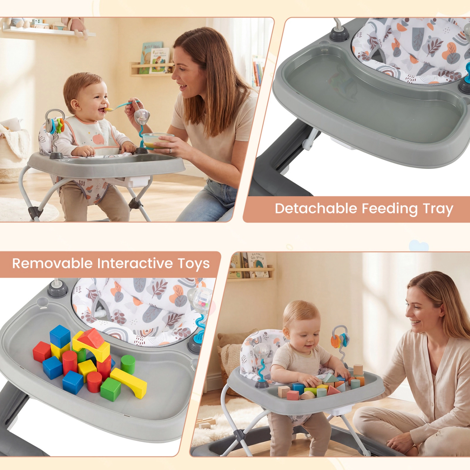 SUGIFT Foldable Baby Walker Gray with Removable Feeding Tray and Shape Sorter Toys