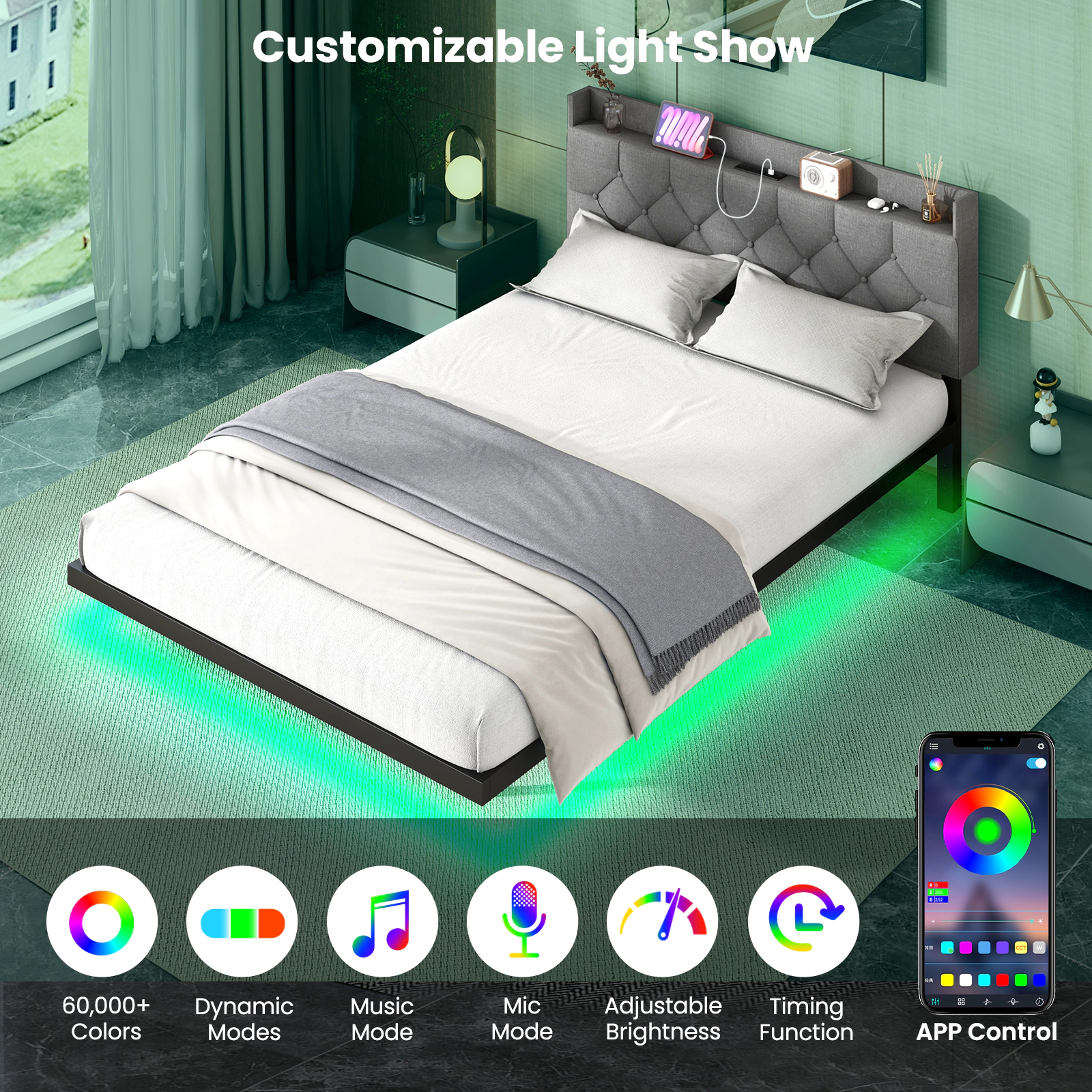 LJG Full/Queen Size Floating Bed Frame with LED and Headboard and Charging Station