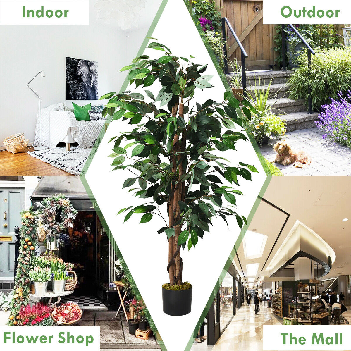 SlickBlue Artificial Ficus Floor Plant 4ft Cement Base Decorative Tree