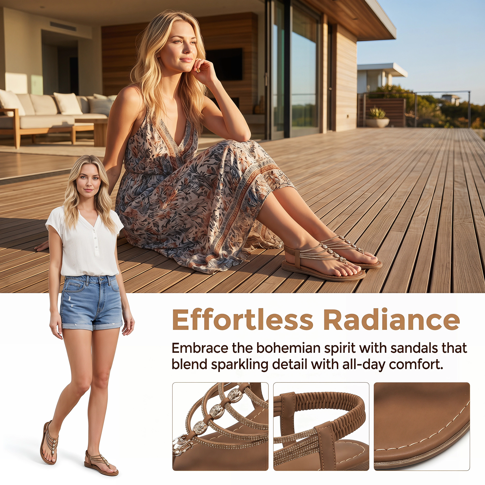 BLISSFUL STEP Women Rhinestone T-Strap Elastic Back Strap Flat Sandals