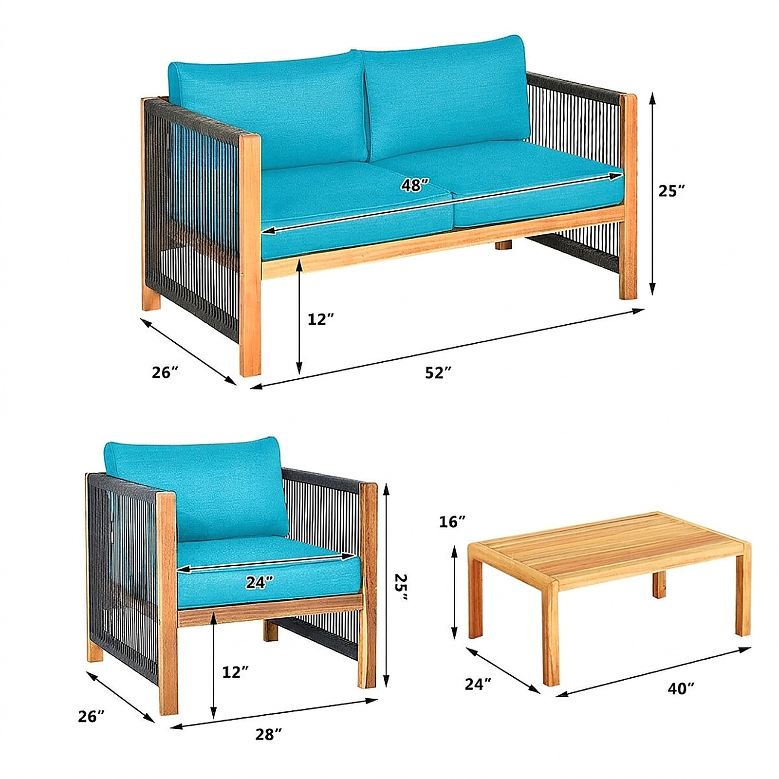 SUGIFT 4-Piece Turquoise Acacia Wood Patio Sofa Set with Loveseat, 2 Chairs and Table