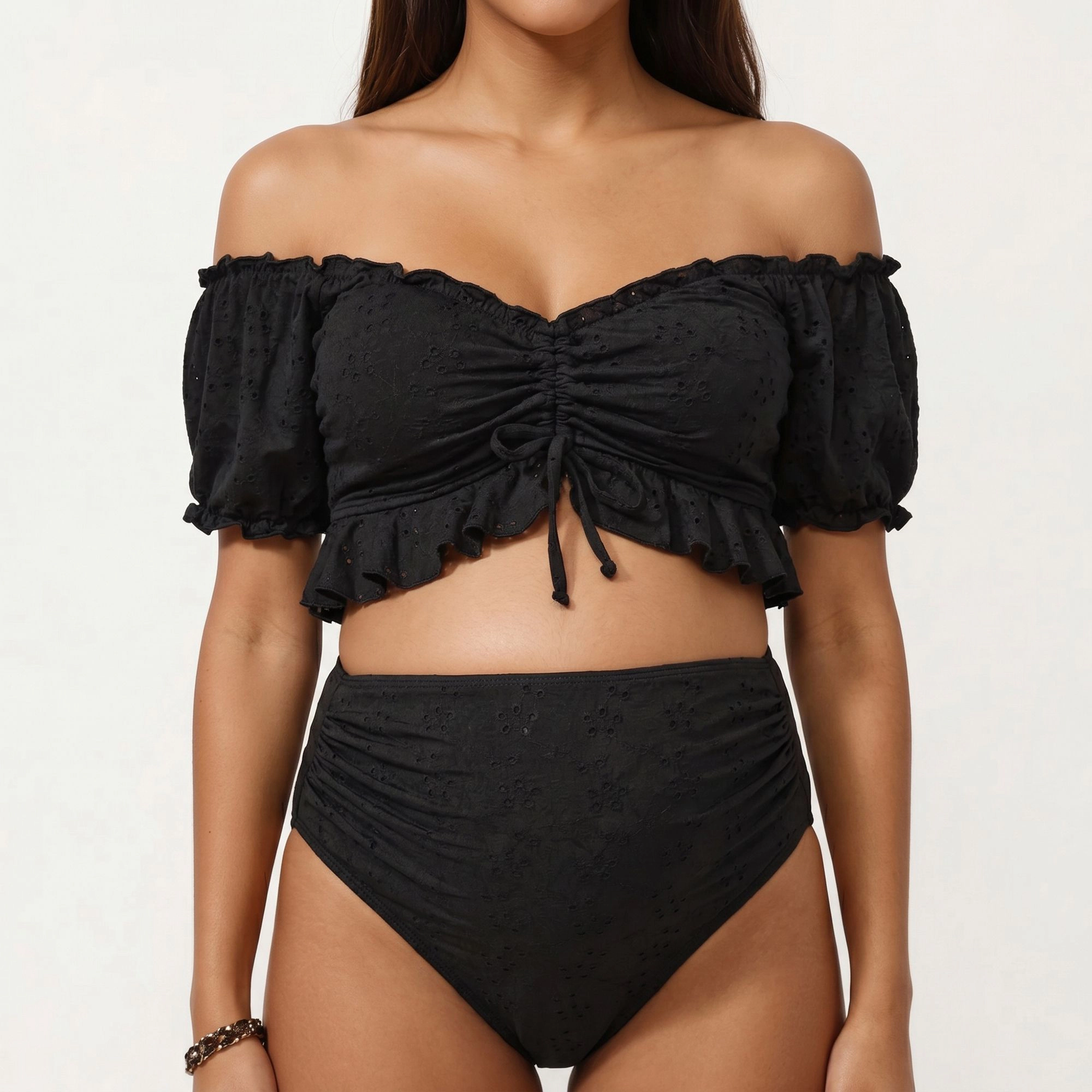 Anna-Kaci Women’s Maternity Off-Shoulder Ruffle Top and High-Waisted Tummy Control Bottoms