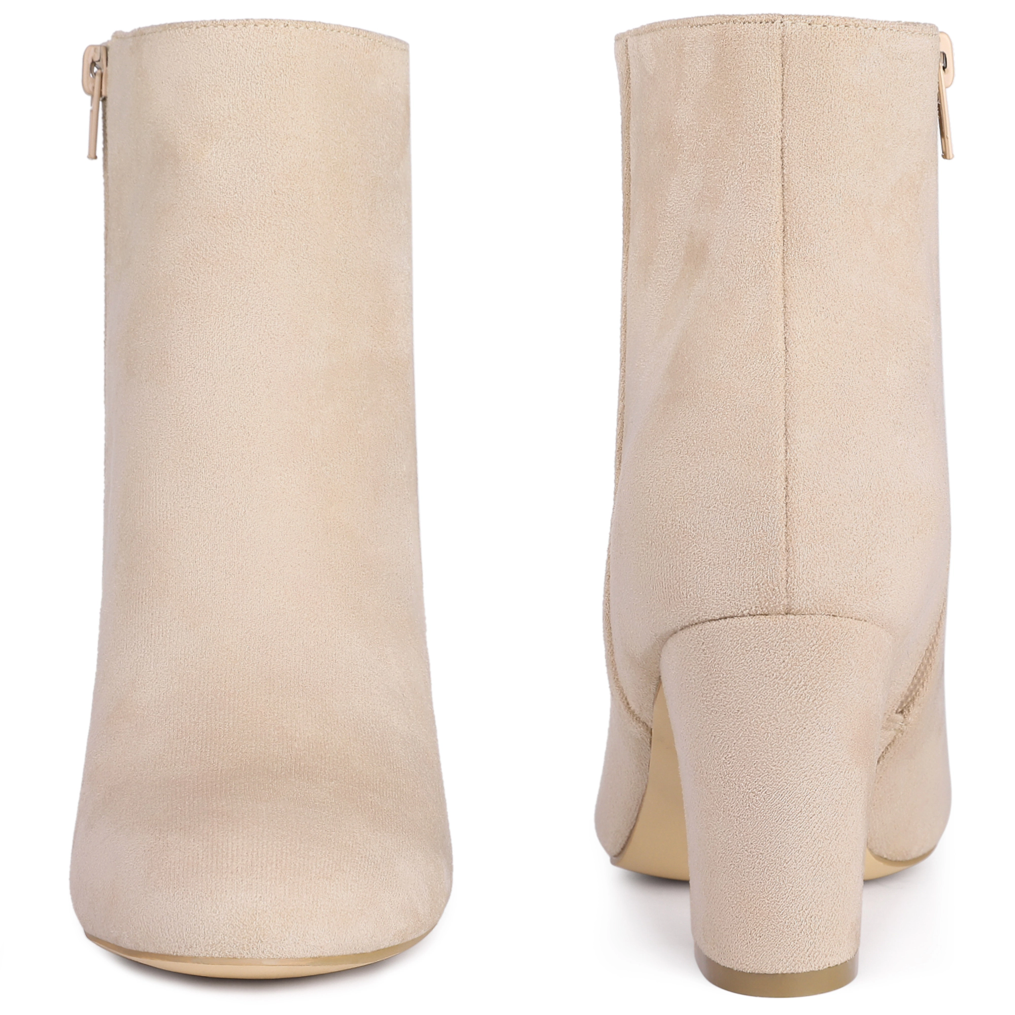 BLISSFUL STEP Women Faux Suede Round Toe Chunky High Heels Side Zip Ankle Boots