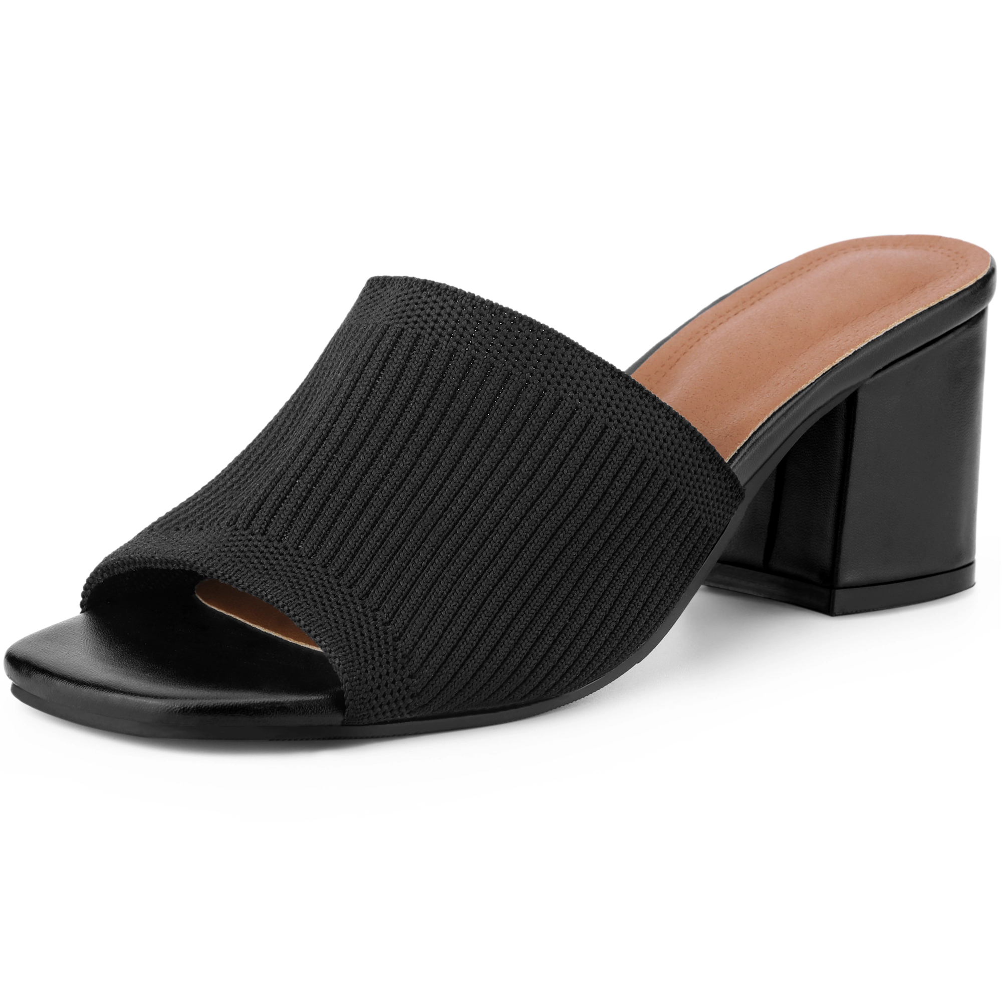 BLISSFUL STEP Women's Faux Leather Square Toe Slip on Chunky Heel Slides Sandals