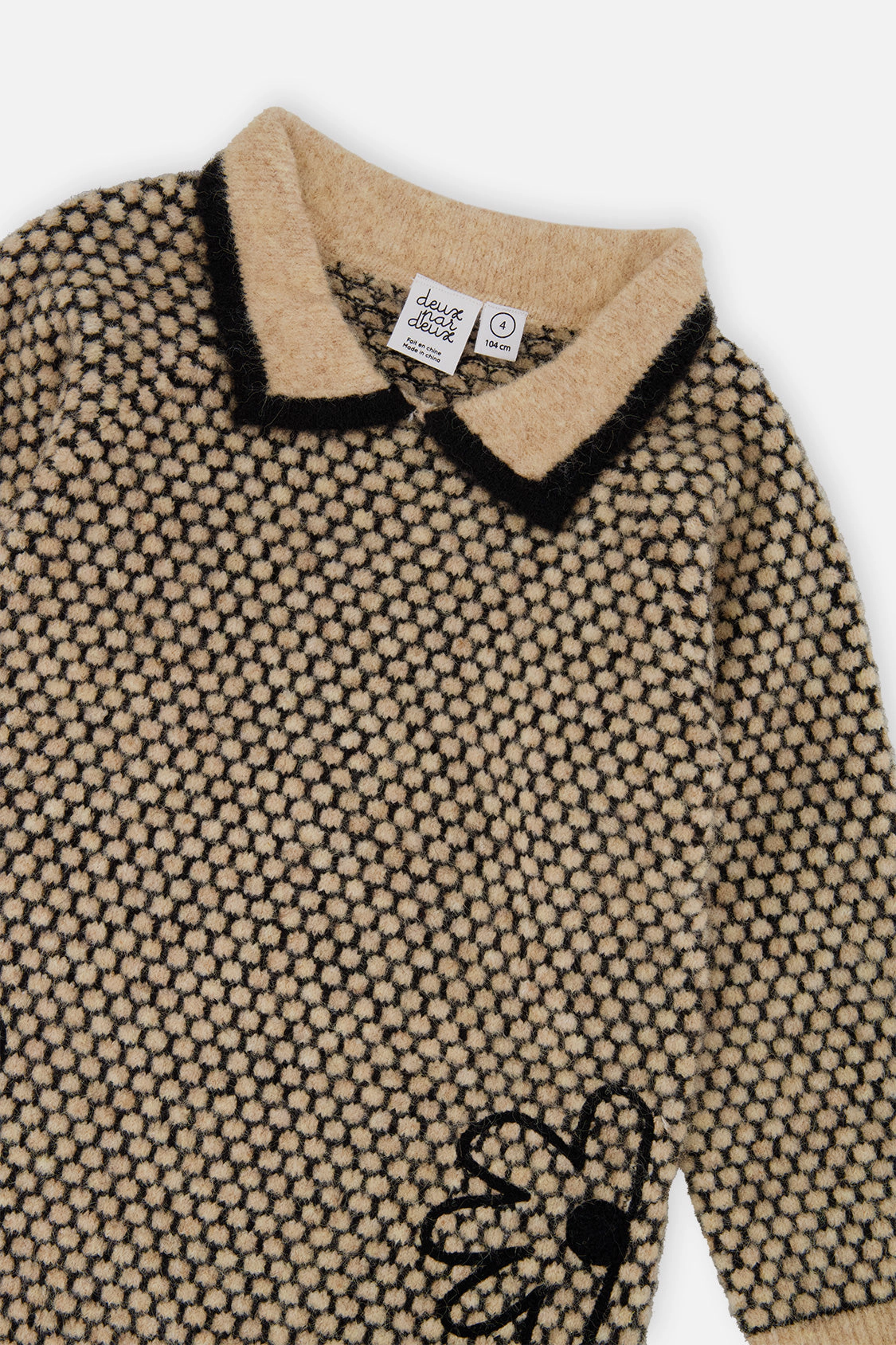 Deux par Deux Girls Honeycomb Knit Dress with Collar & Floral Embroidery