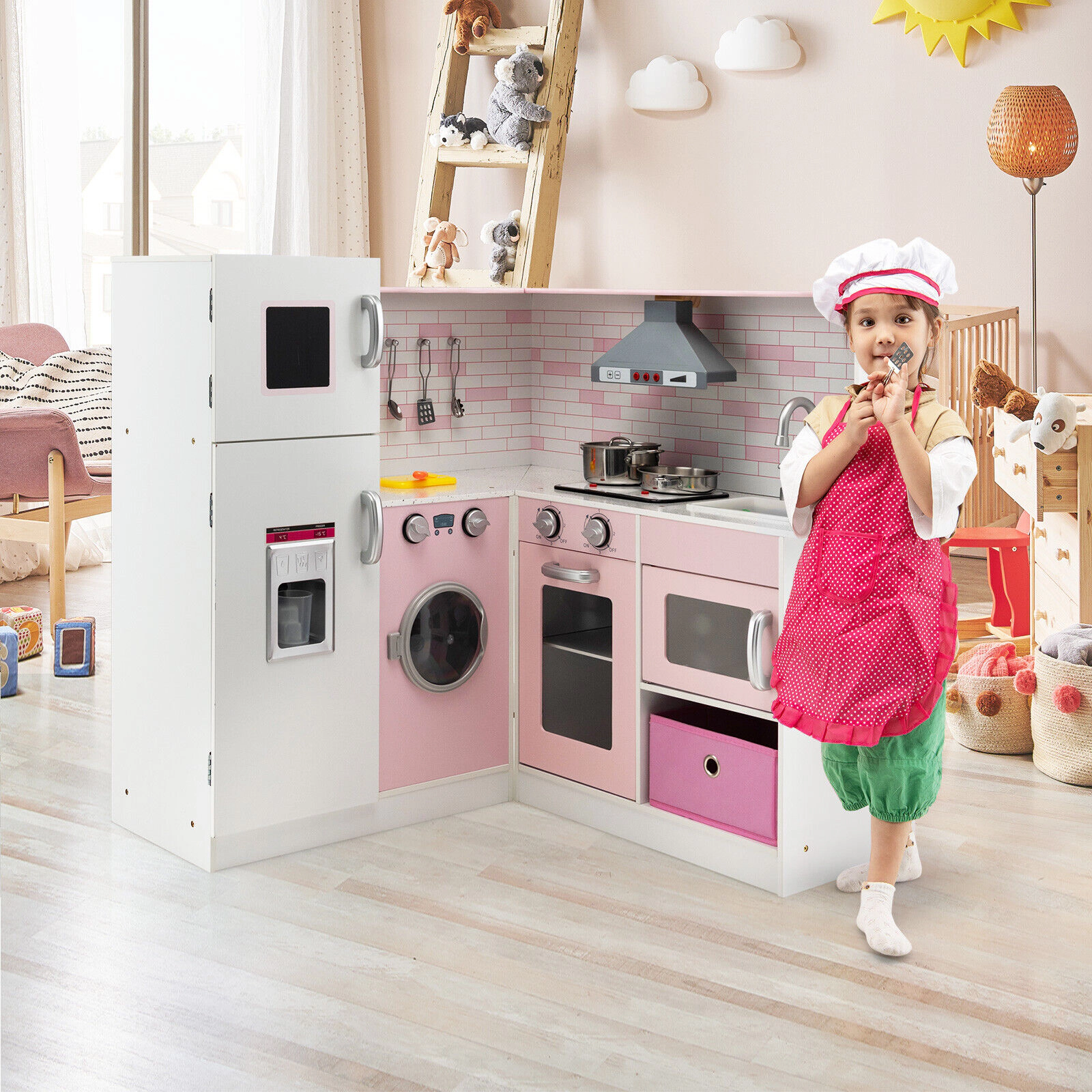 SUGIFT White and Pink Sound Light and Cookware Corner Kids Wooden Play Kitchen Set
