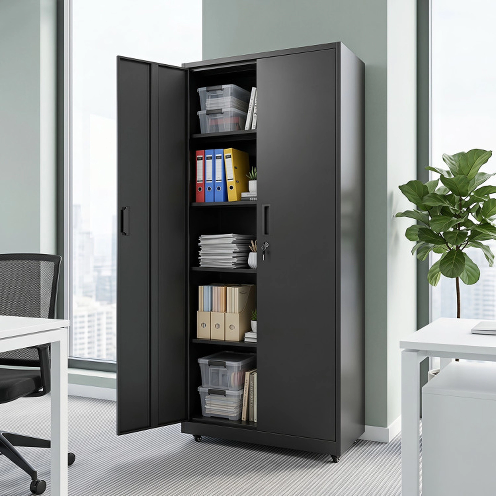 SUGIFT Rolling Metal Storage Cabinet Black 73 Inches Lockable with 4 Wheels