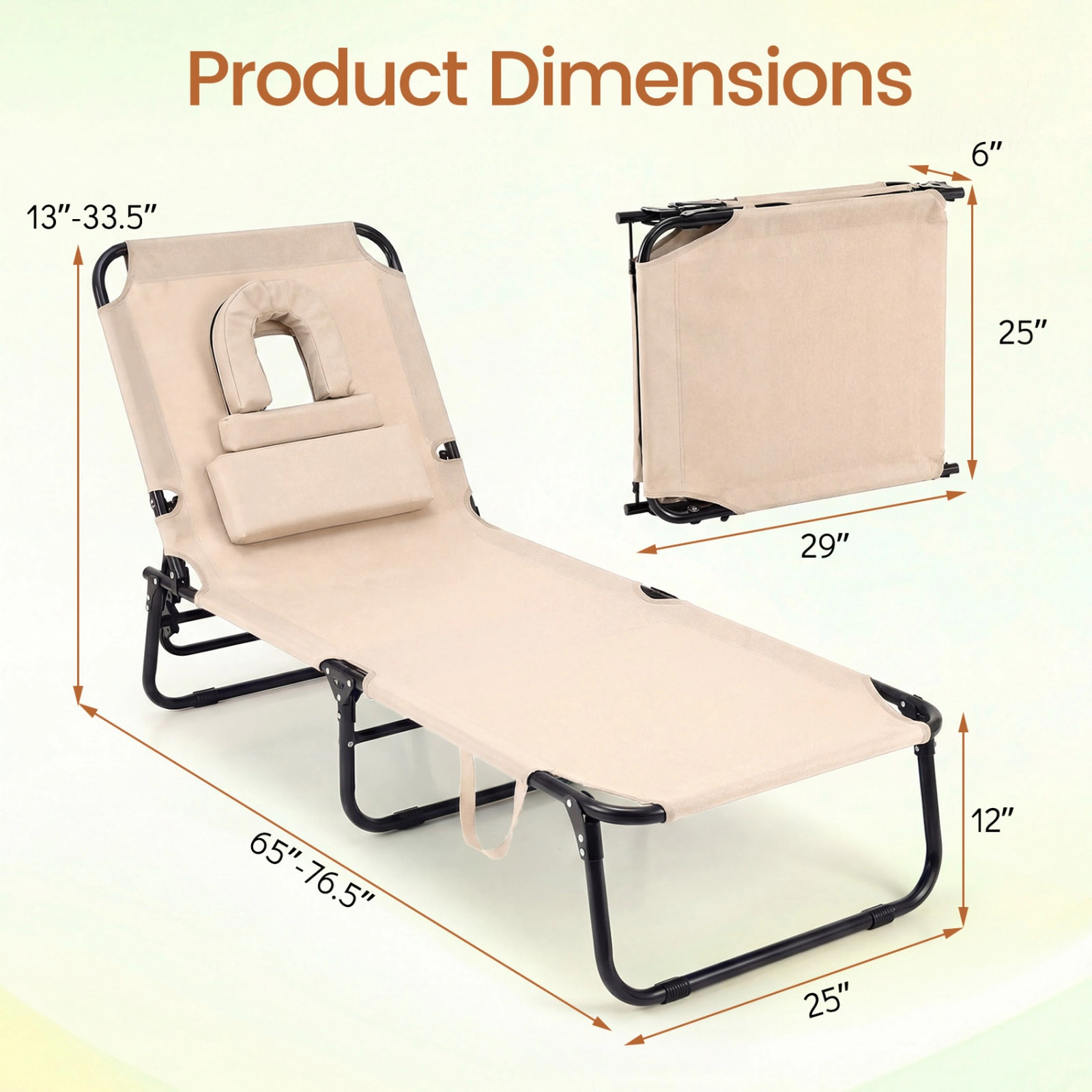 SUGIFT Adjustable Folding Face Down Tanning Chaise Lounge Chair with Face Hole 330-Lb Capacity Beige Blue Pink Stripe