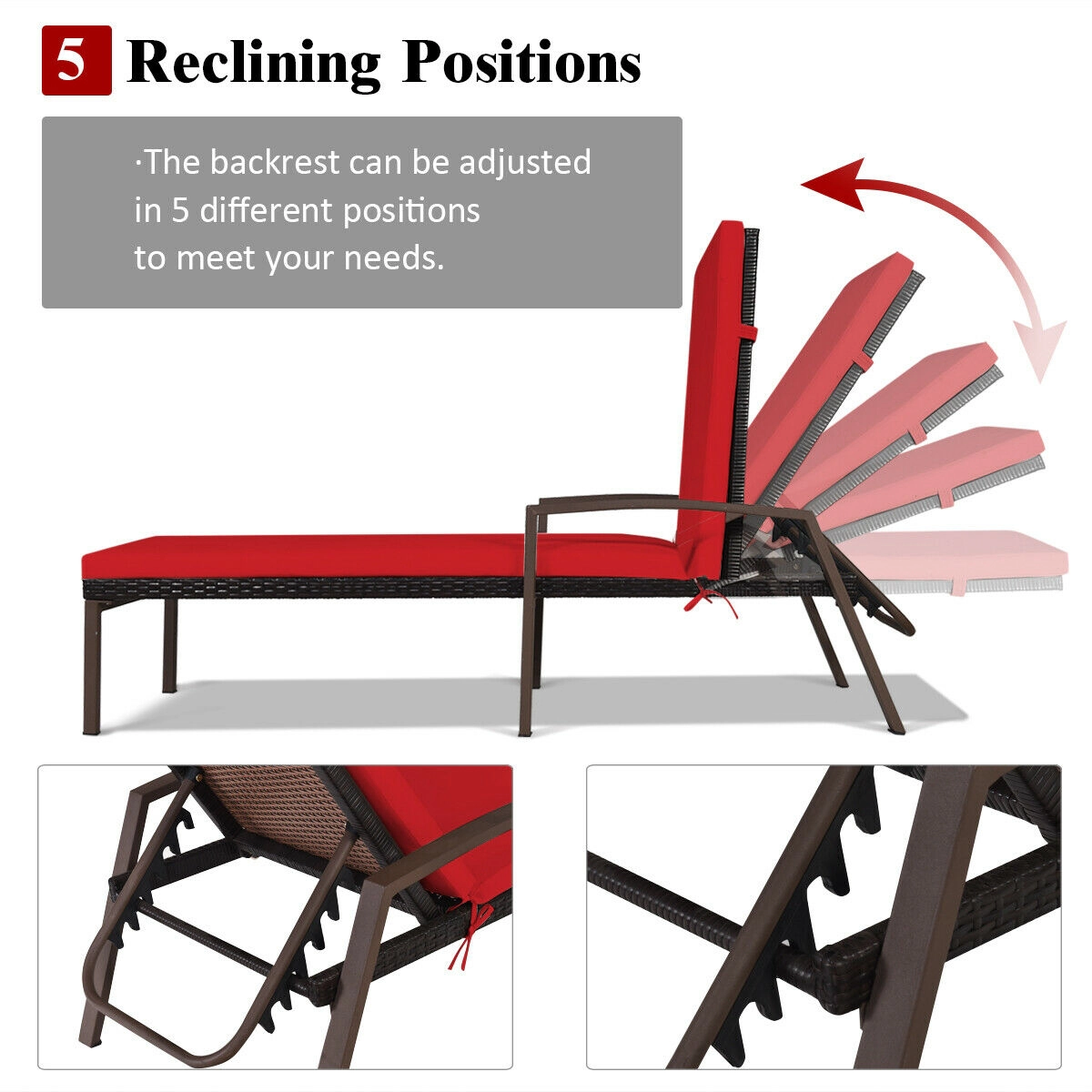 SUGIFT Adjustable Backrest Patio Rattan Lounge Chaise Recliner 400-lb Capacity with Cushion Red/White/Turquoise