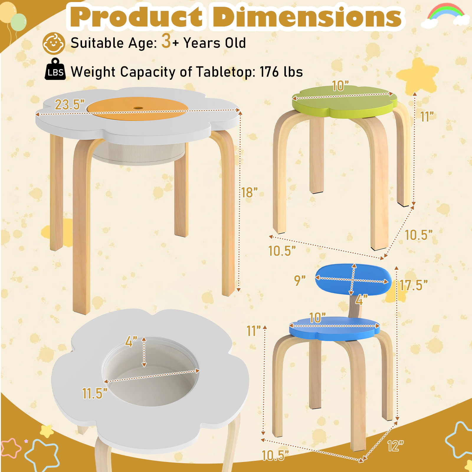 SUGIFT Flower-Shaped Wooden Children Play & Activity Table Set with 2 Chairs & 2 Stools 176-lb Tabletop Capacity Ages 3+