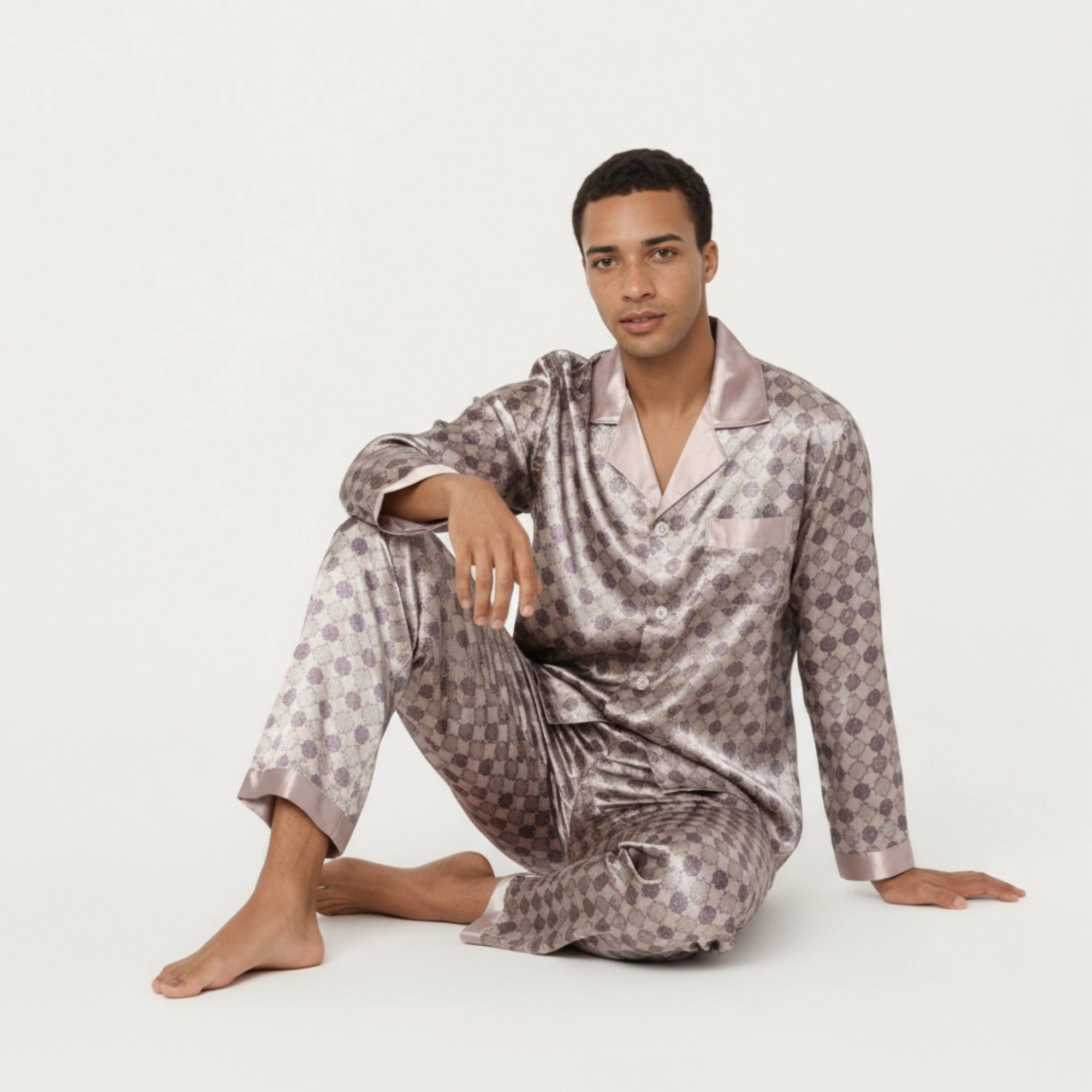 Anna-Kaci Men's 2-Piece Satin Pajamas with Geometric Check Print and Contrast Trim Details