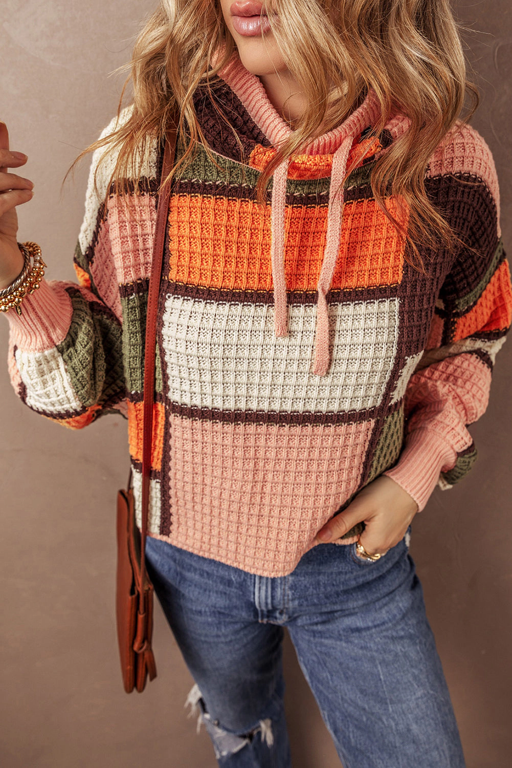 Threaded Pear Women's Zoey Waffle Knit Drawstring Mock Neck Sweater