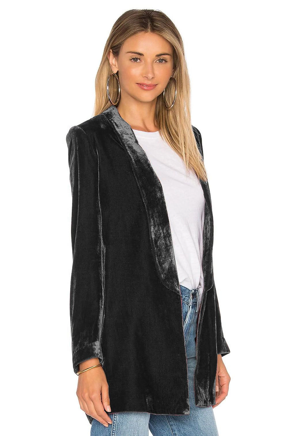 KOJOOIN Women's Velvet Open Front Blazer Jacket Shawl Lapel Mid‑Length Dressy Outerwear Party Suits
