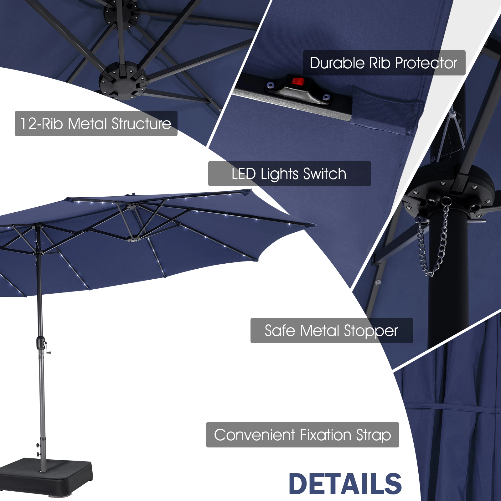 SUGIFT 11-Piece Navy Patio Dining Set, 15-ft Solar LED Umbrella with Base