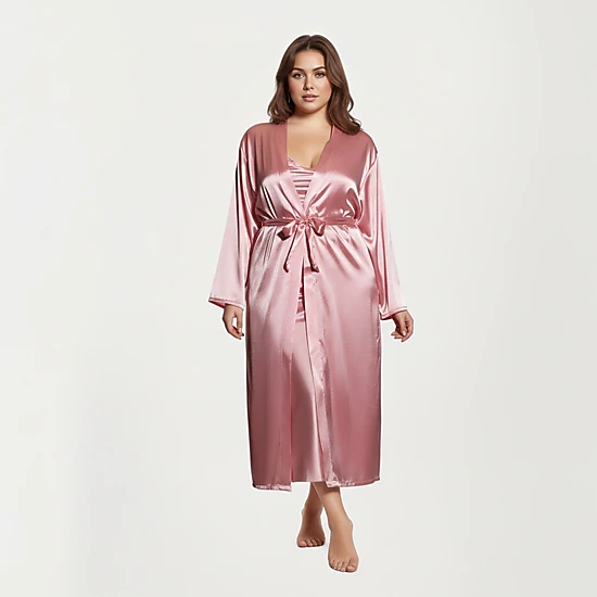 Anna-Kaci Women's Plus Size Satin Robe and Slip Set with Smooth Draping Fabric and Elegant Silhouette