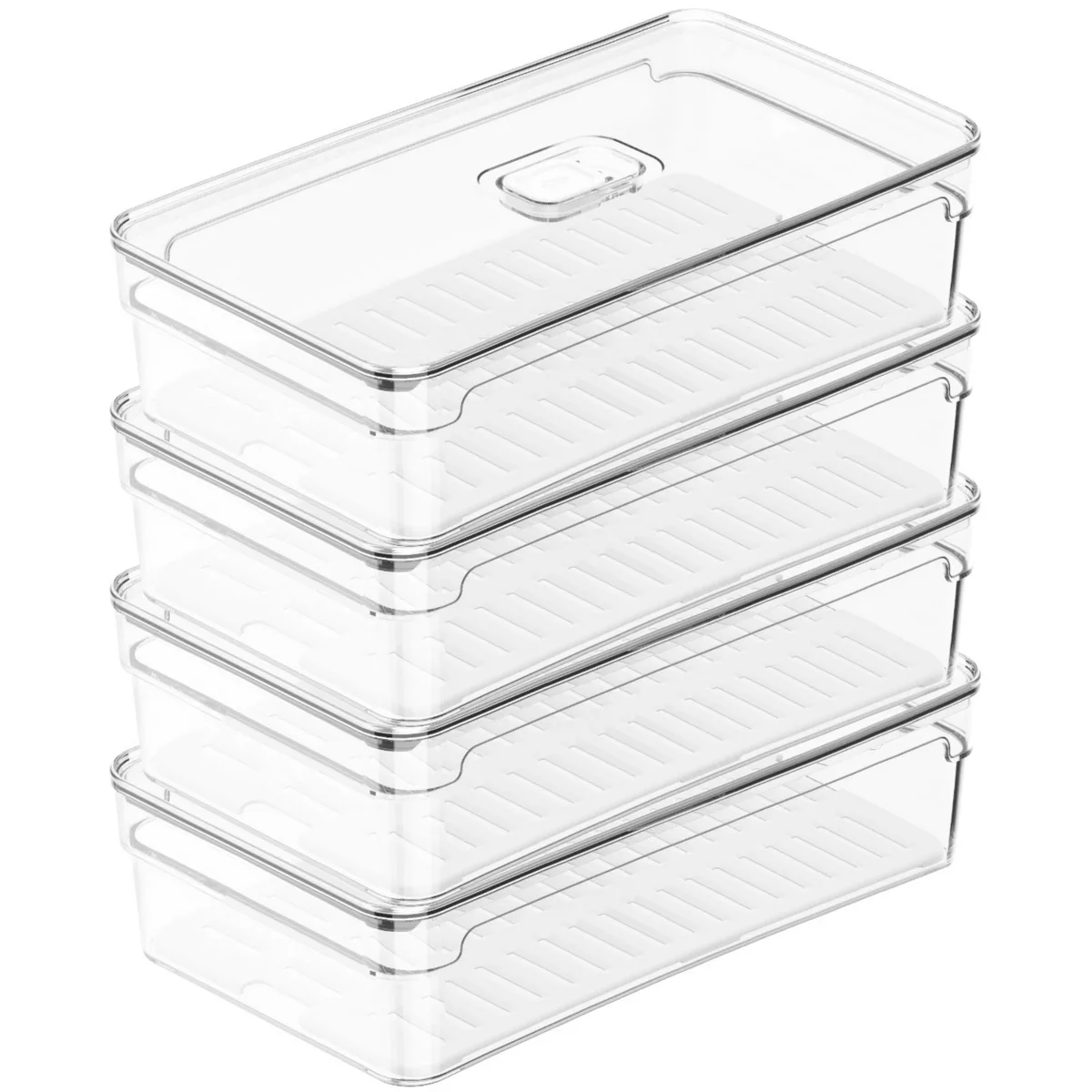 OU Fridge Organizer Bin w/ Vented Lid, Clear Stackable Refrigerator Storage Container w/ Drain Tray, 4 Pack 11.8" Depth