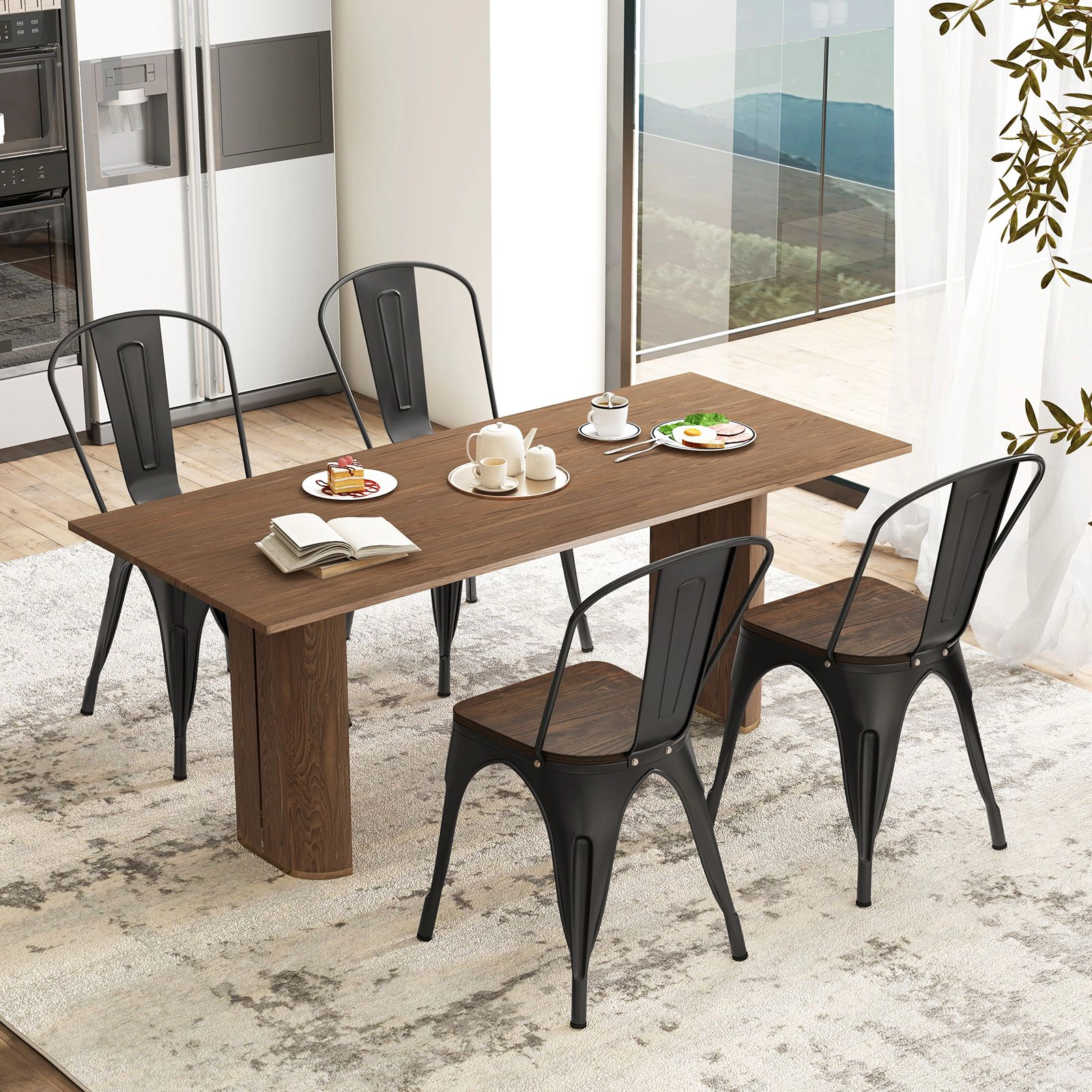 SlickBlue Unisex Set of 4 Metal Dining Chairs with Wood Seats