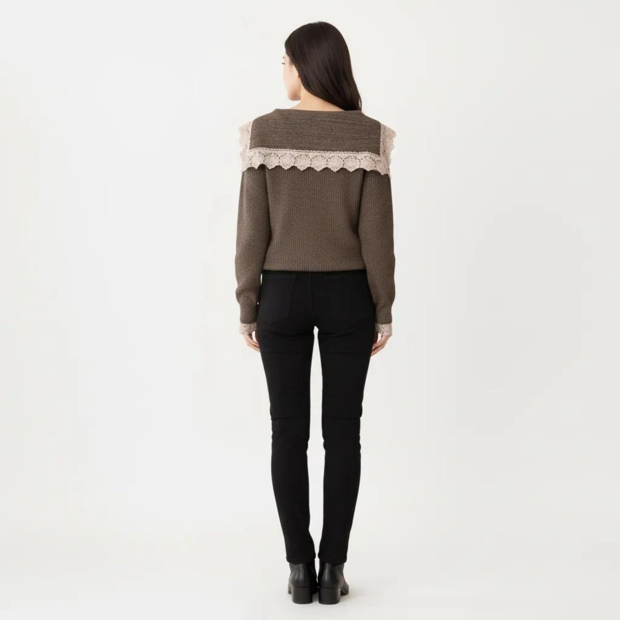 Anna-Kaci Women's Long Sleeve Ribbed Knit Top with Lace Trim Collar and Button Front Detail