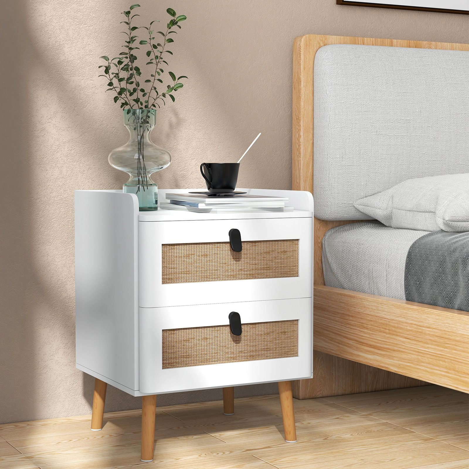 SlickBlue Modern Rustic Nightstand with Rattan Drawer Fronts
