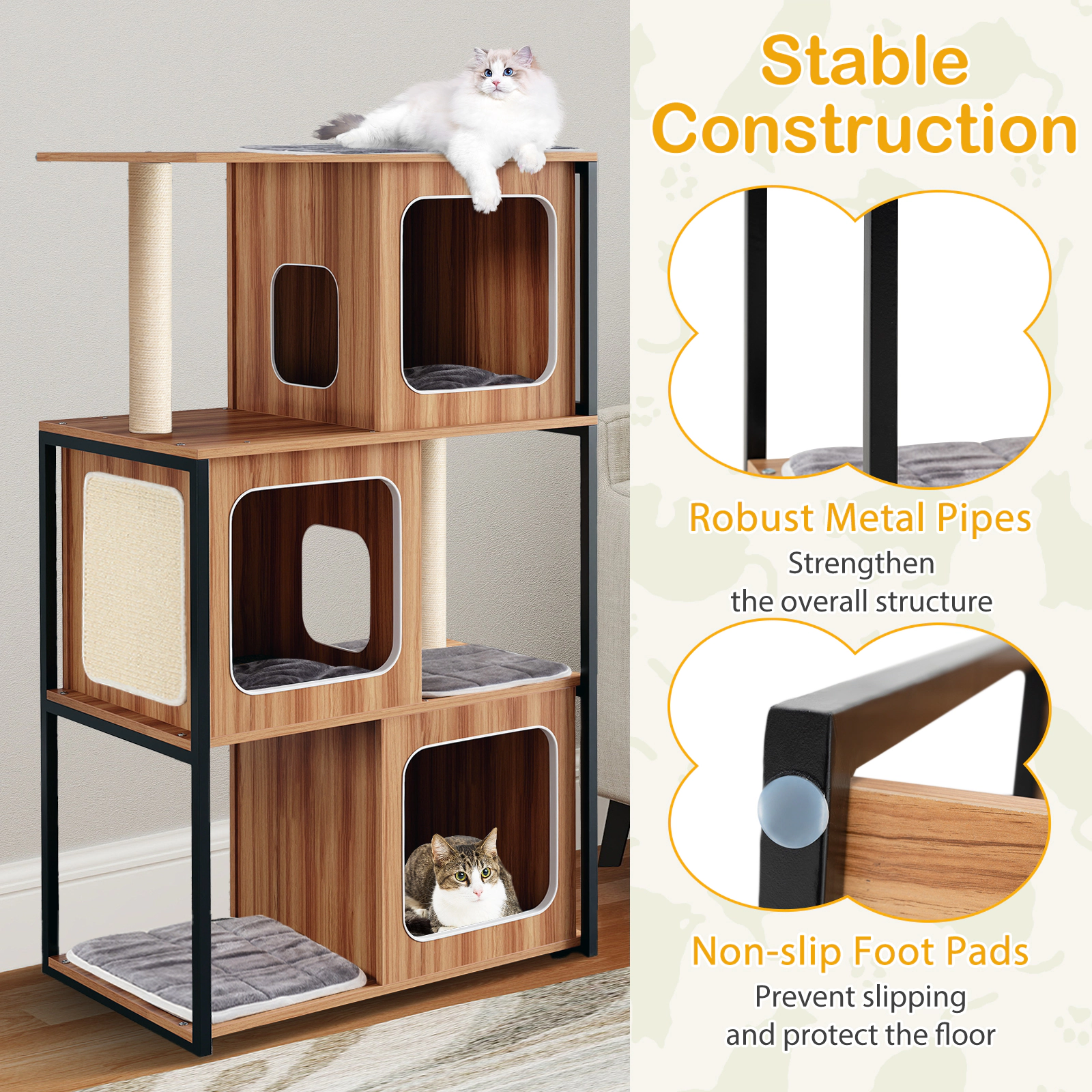 SUGIFT 52-in Cat Tree with 3 Condos Metal Frame Oversized Perches Sisal Posts and 12-in Entry for Big Cats