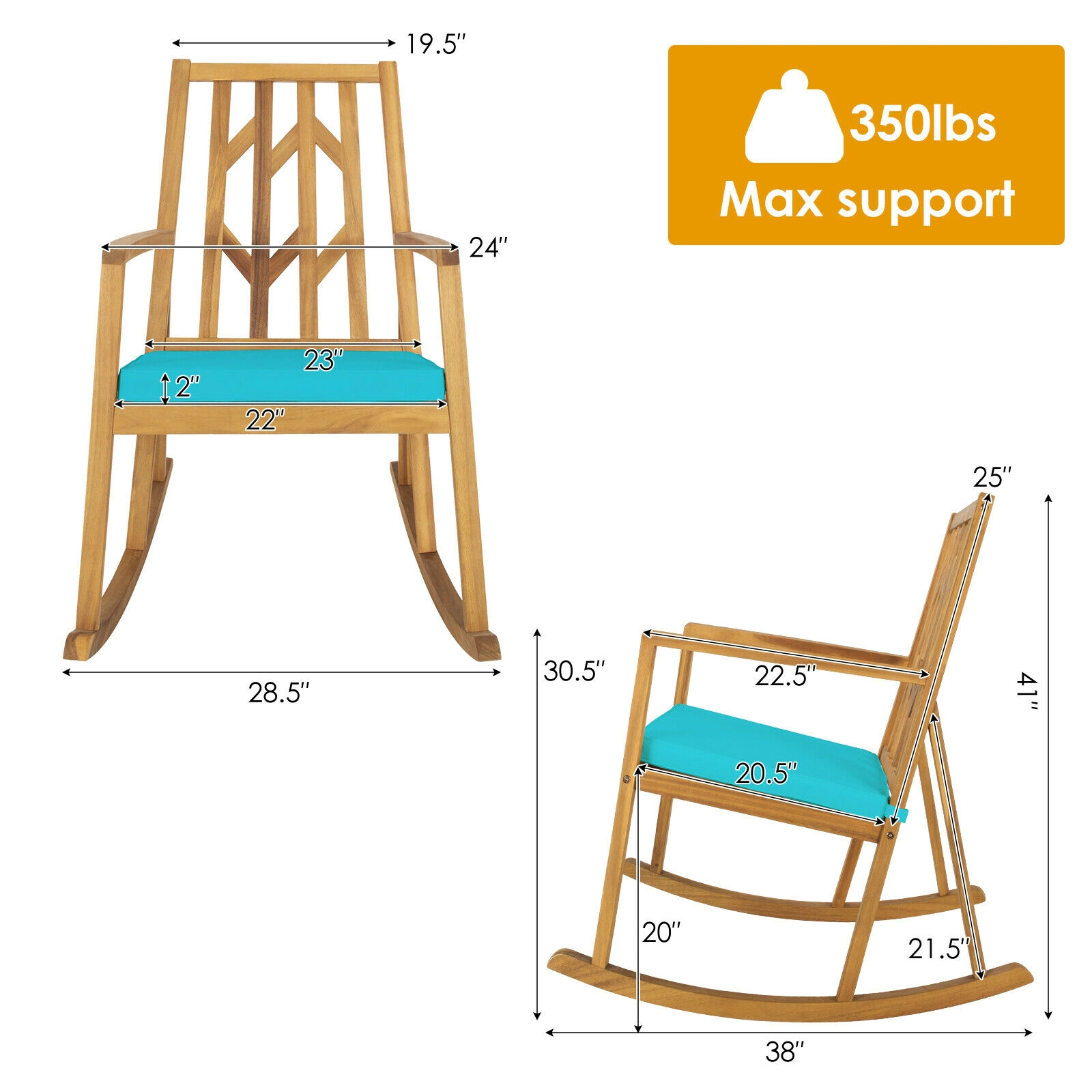 SUGIFT Patio Rocking Chair Sofa with Armrest and Cushion 350-Lb Capacity Natural Chair with Turquoise Cushion